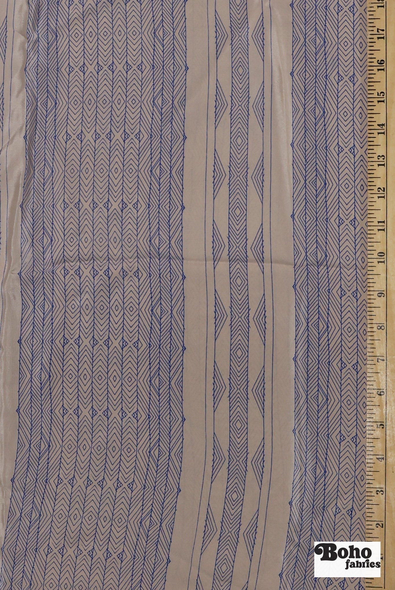 Beige with Blue Lines Geometric Silk Charmeuse Fabric, Pre-Cuts - Boho Fabrics - Woven Fabric