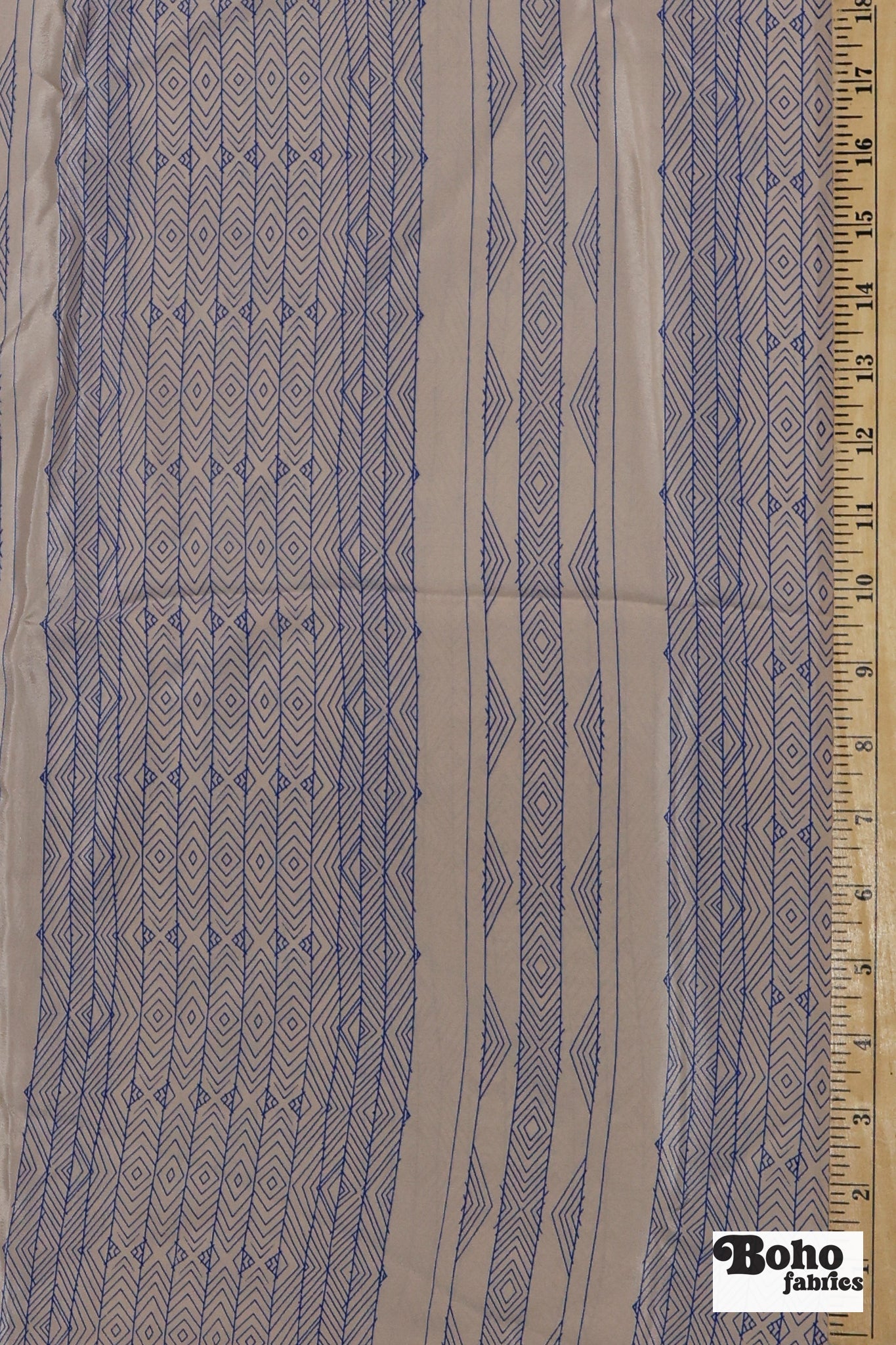 Beige with Blue Lines Geometric Silk Charmeuse Fabric, Pre-Cuts - Boho Fabrics - Woven Fabric