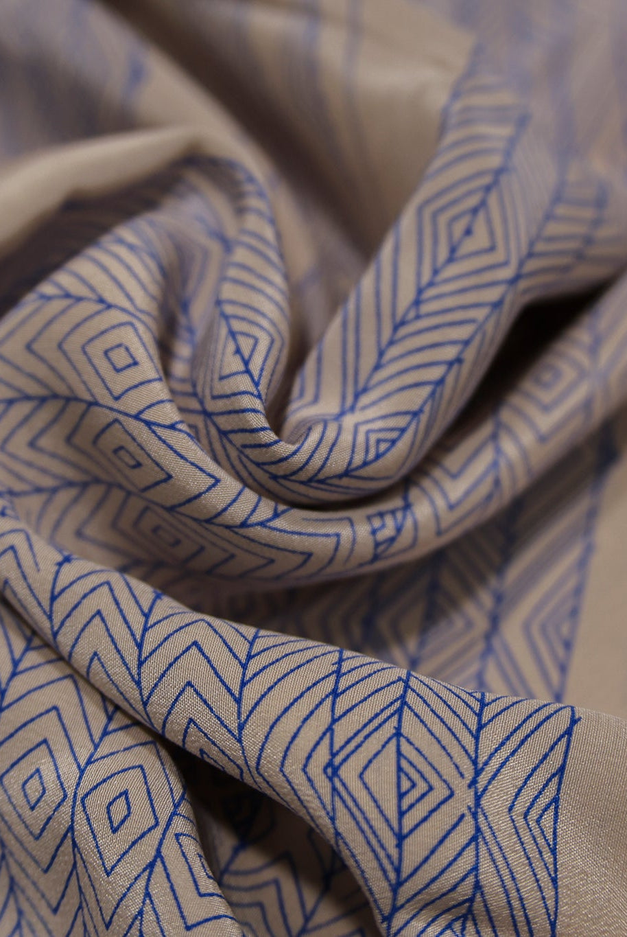 Beige with Blue Lines Geometric Silk Charmeuse Fabric, Pre-Cuts - Boho Fabrics - Woven Fabric