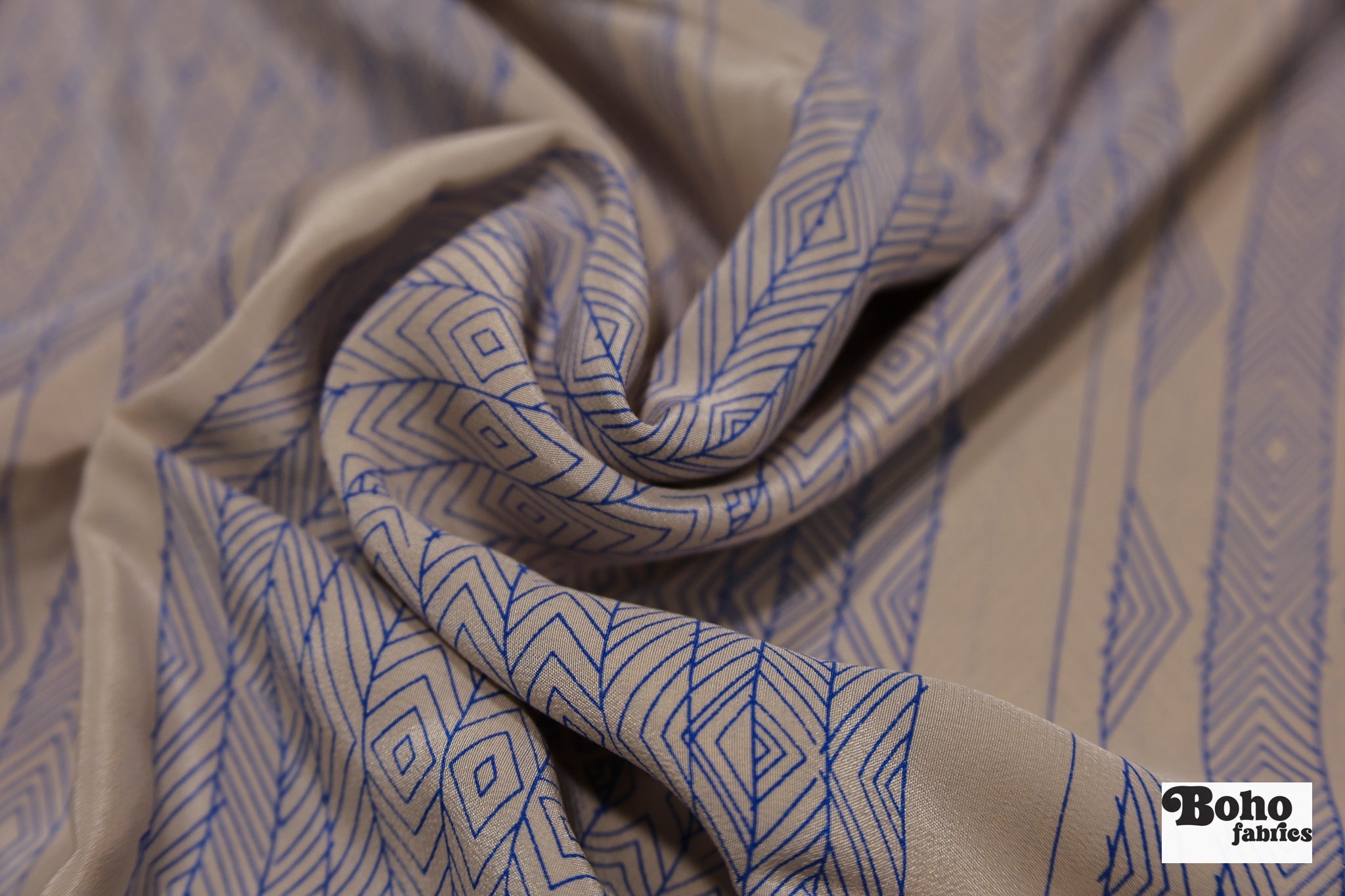 Beige with Blue Lines Geometric Silk Charmeuse Fabric, Pre-Cuts - Boho Fabrics - Woven Fabric