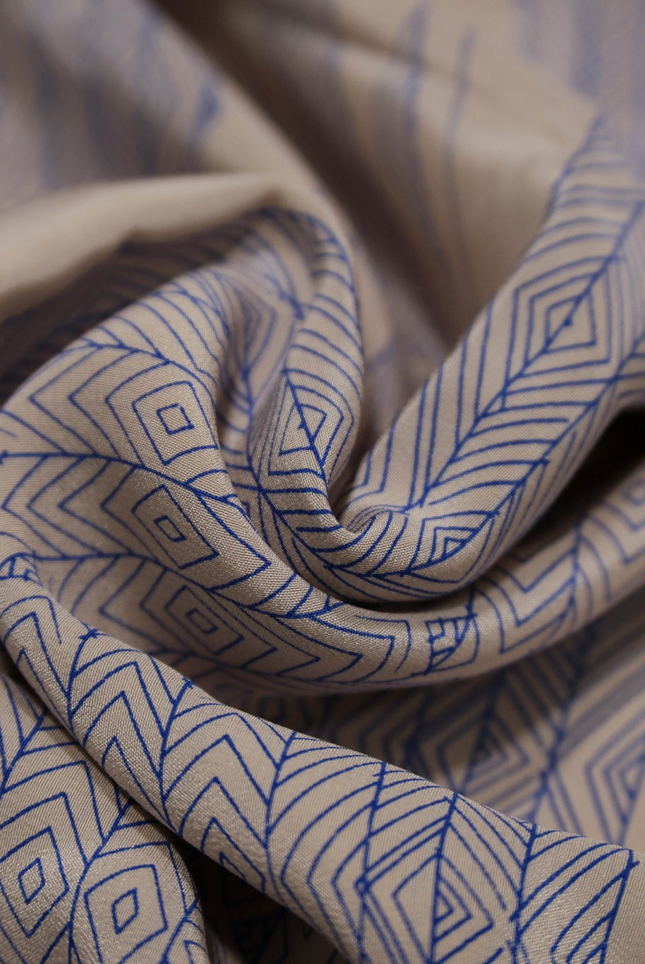 Beige with Blue Lines Geometric Silk Charmeuse Fabric, Pre-Cuts - Boho Fabrics - Woven Fabric