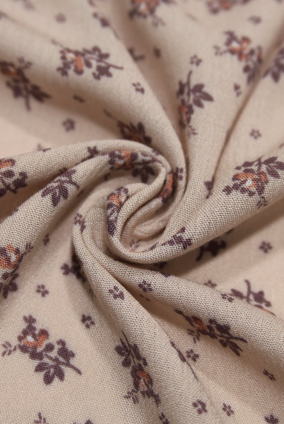 Beige with Brown and Rust Ditsy Floral Clusters Rayon Crepe Woven Fabric - Boho Fabrics - Crepe, Woven