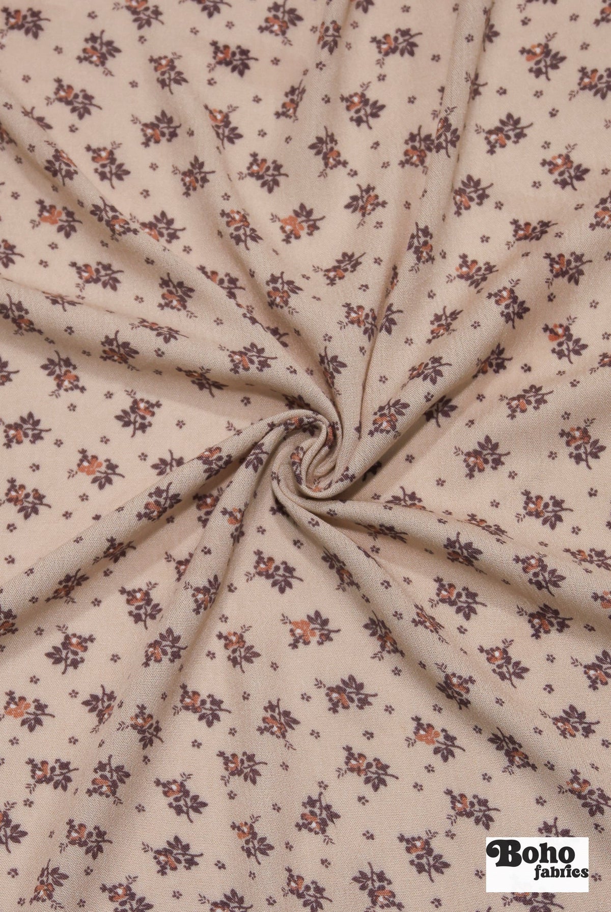 Beige with Brown and Rust Ditsy Floral Clusters Rayon Crepe Woven Fabric - Boho Fabrics - Crepe, Woven