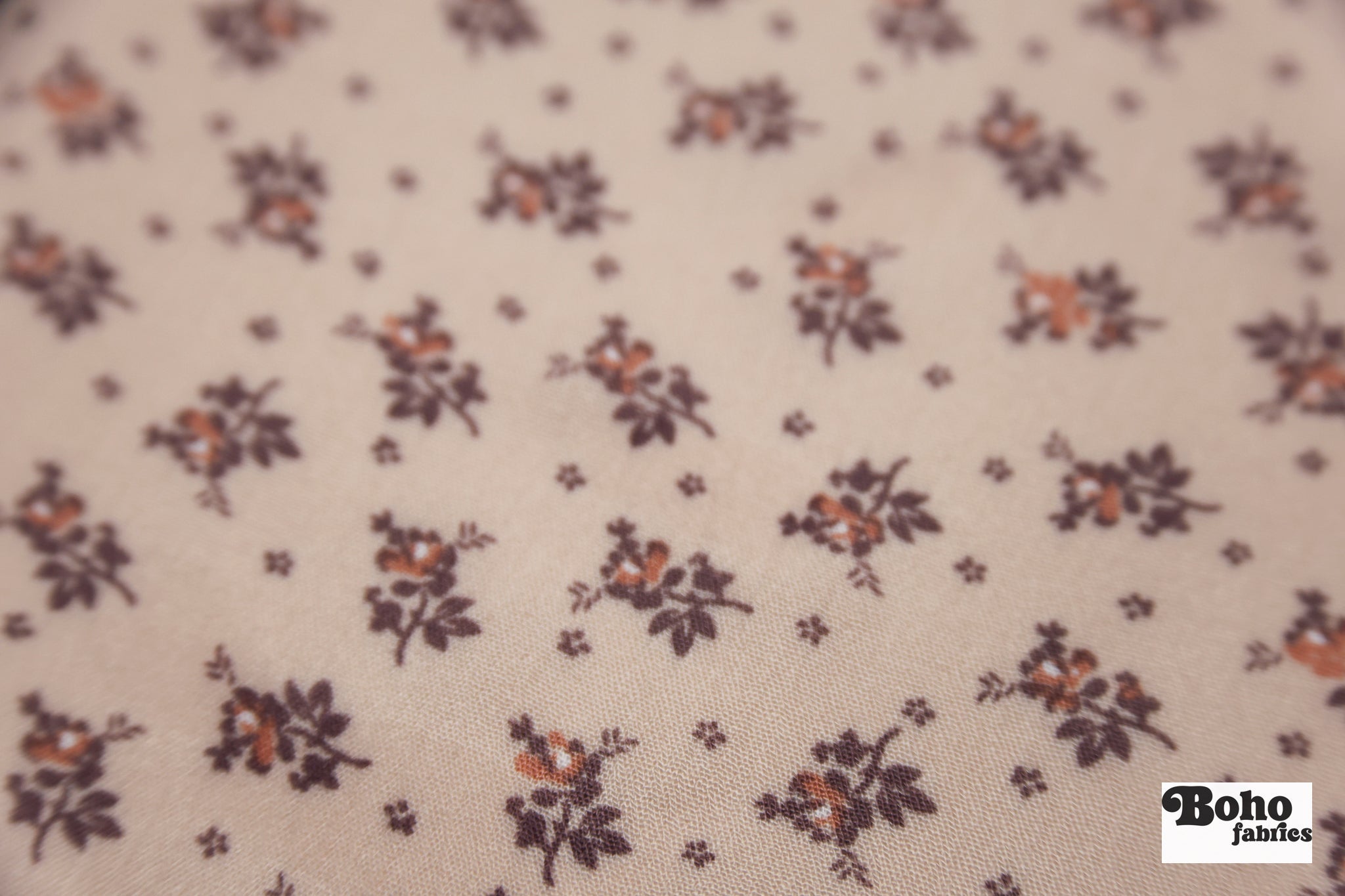 Beige with Brown and Rust Ditsy Floral Clusters Rayon Crepe Woven Fabric - Boho Fabrics - Crepe, Woven