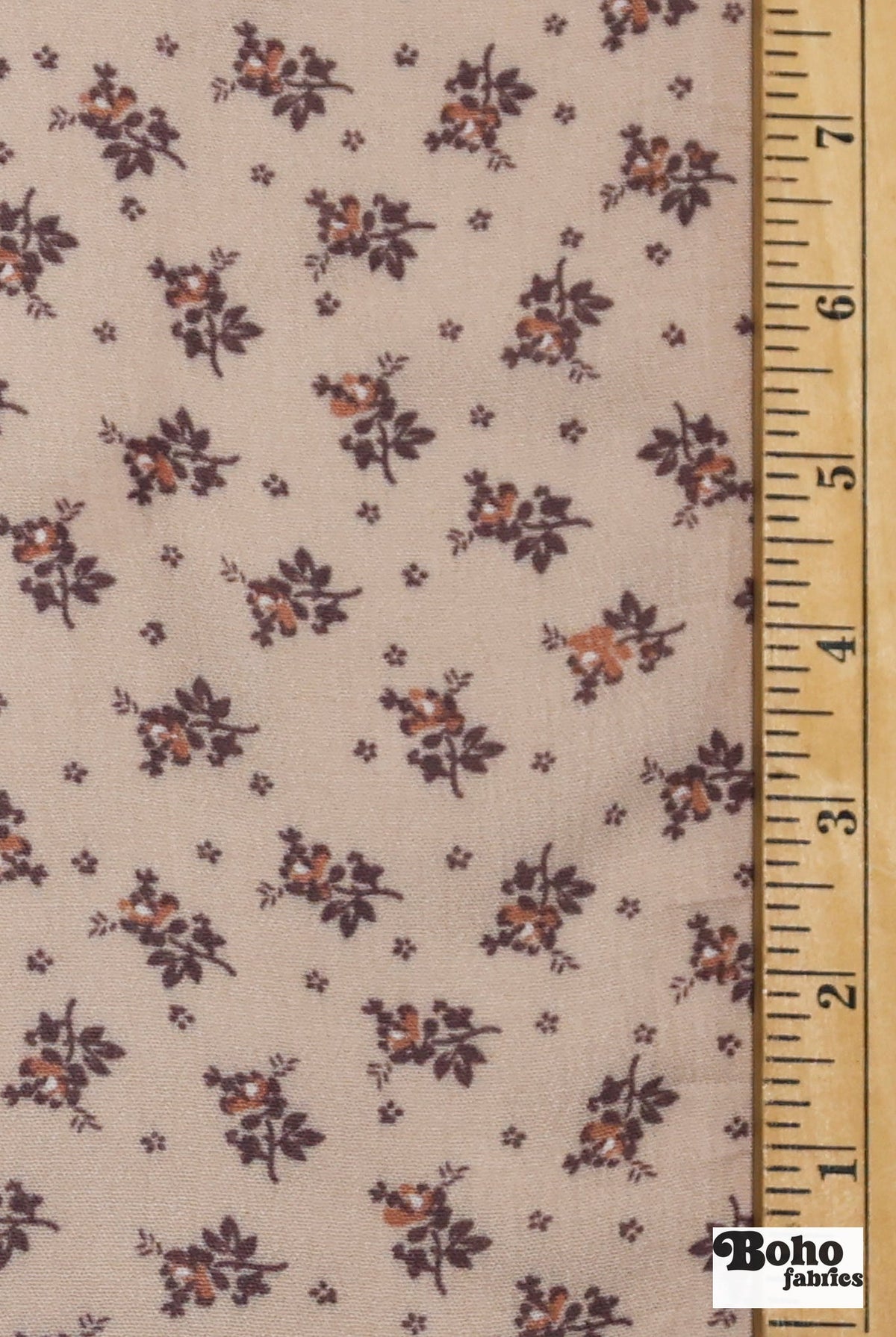 Beige with Brown and Rust Ditsy Floral Clusters Rayon Crepe Woven Fabric - Boho Fabrics - Crepe, Woven