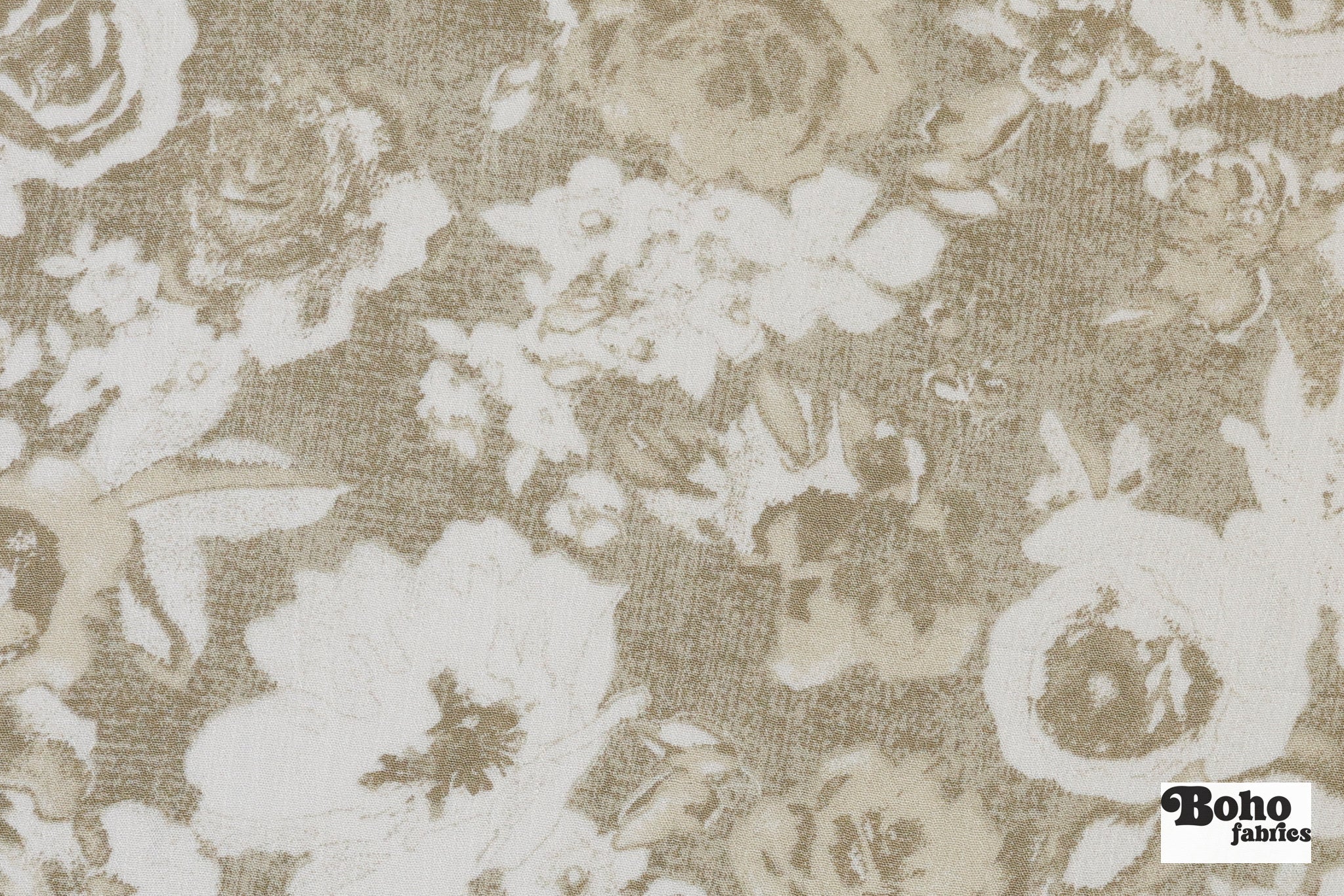 Beige with White Roses Rayon Crepe Woven Fabric - Boho Fabrics - Crepe, Woven