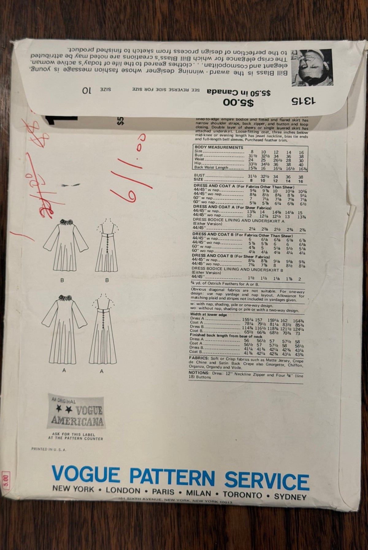 Bill Blass | Vogue American Designer Sewing Pattern #1315 — Empire Evening Dress & Bell-Sleeve Coat, Size 10, Vintage 1975 - Boho Fabrics - Sewing Patterns