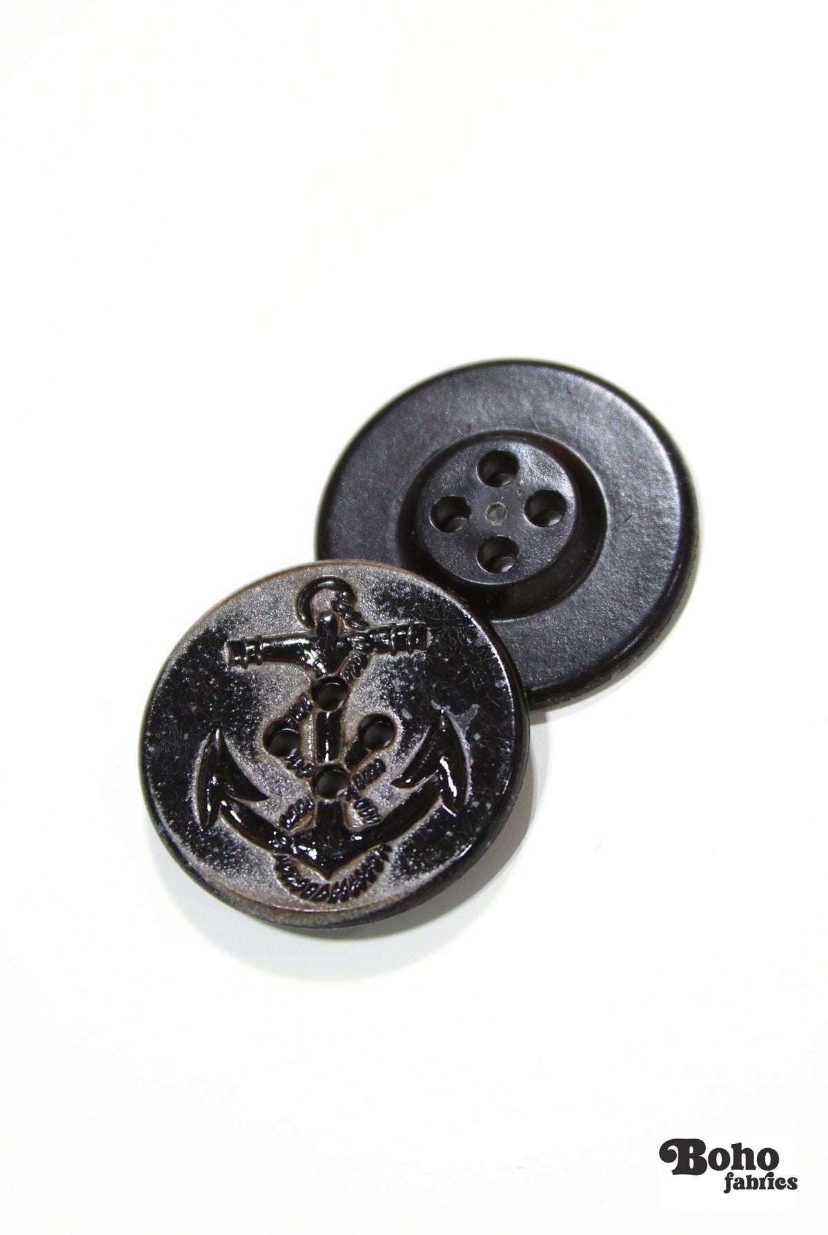 Black Distressed Anchor 4-Hole Shank Plastic Buttons. 24L (15mm / 5/8"), 40L (25mm / 1"), 50L (32mm / 1 1/4") - Boho Fabrics - Buttons & Snaps