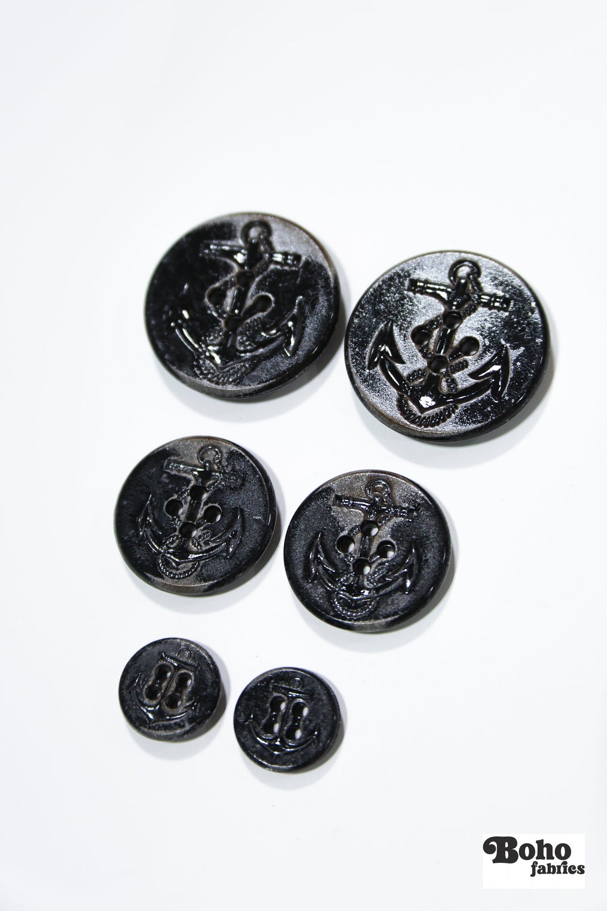 Black Distressed Anchor 4-Hole Shank Plastic Buttons. 24L (15mm / 5/8"), 40L (25mm / 1"), 50L (32mm / 1 1/4") - Boho Fabrics - Buttons & Snaps