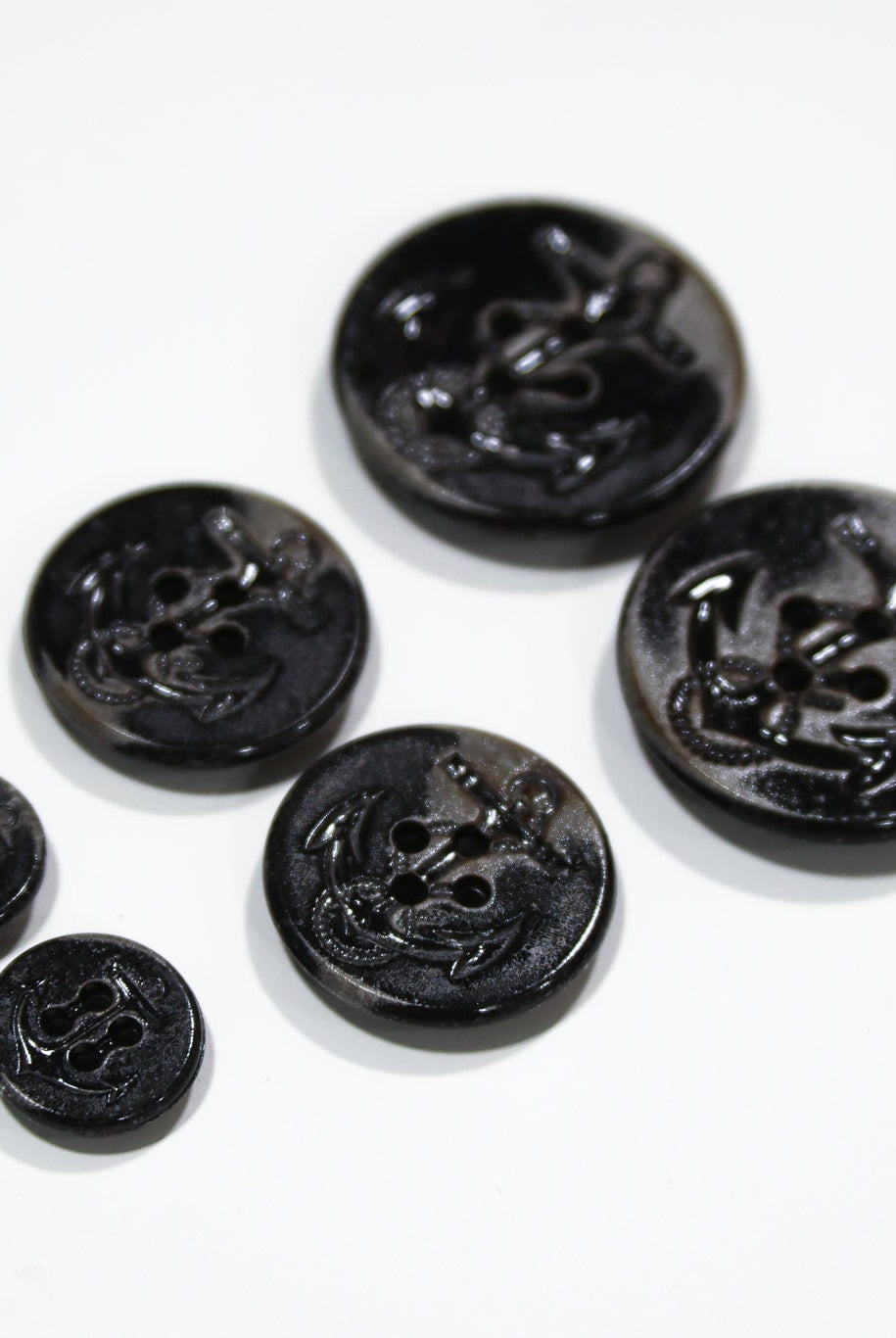 Black Distressed Anchor 4-Hole Shank Plastic Buttons. 24L (15mm / 5/8"), 40L (25mm / 1"), 50L (32mm / 1 1/4") - Boho Fabrics - Buttons & Snaps