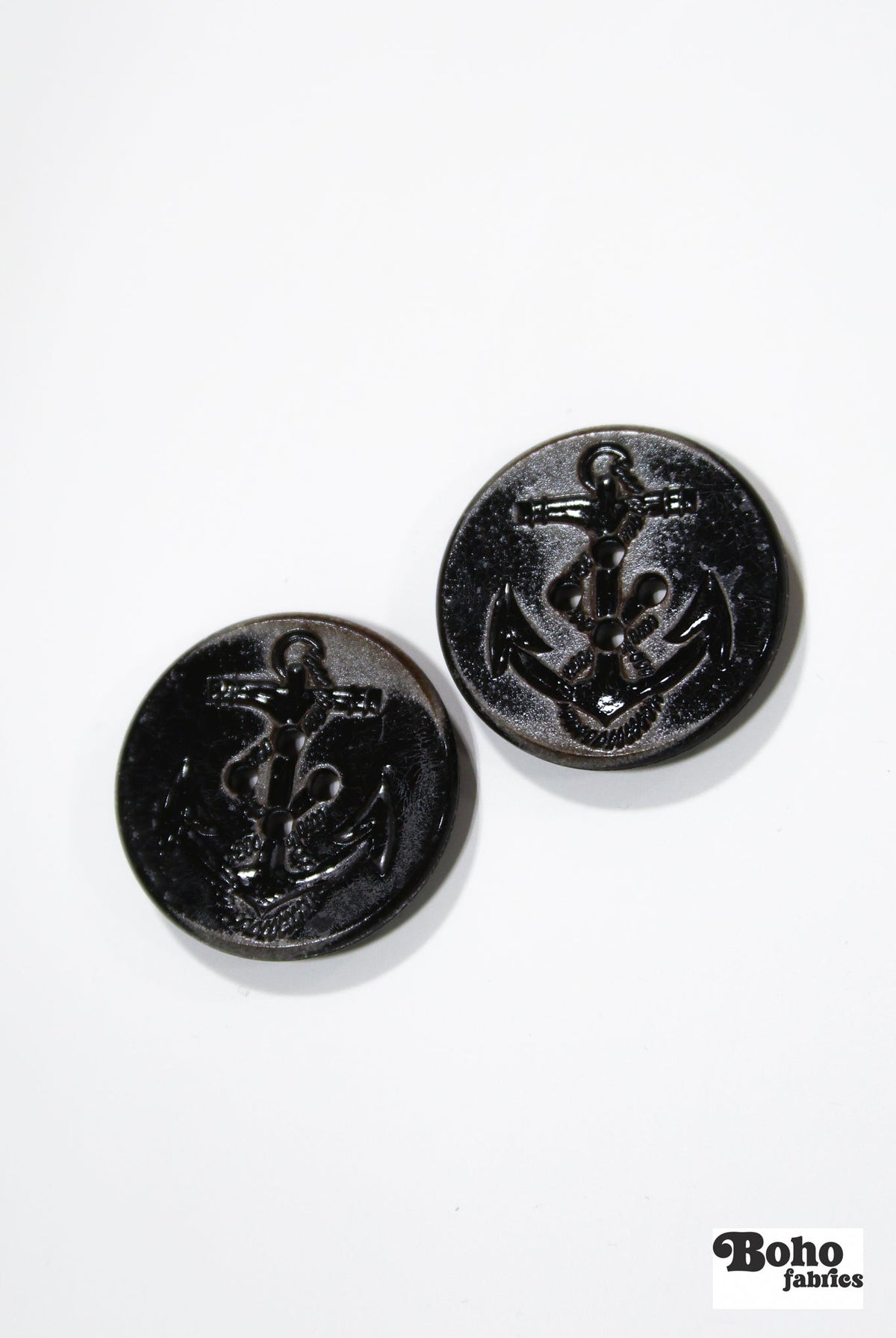 Black Distressed Anchor 4-Hole Shank Plastic Buttons. 24L (15mm / 5/8"), 40L (25mm / 1"), 50L (32mm / 1 1/4") - Boho Fabrics - Buttons & Snaps