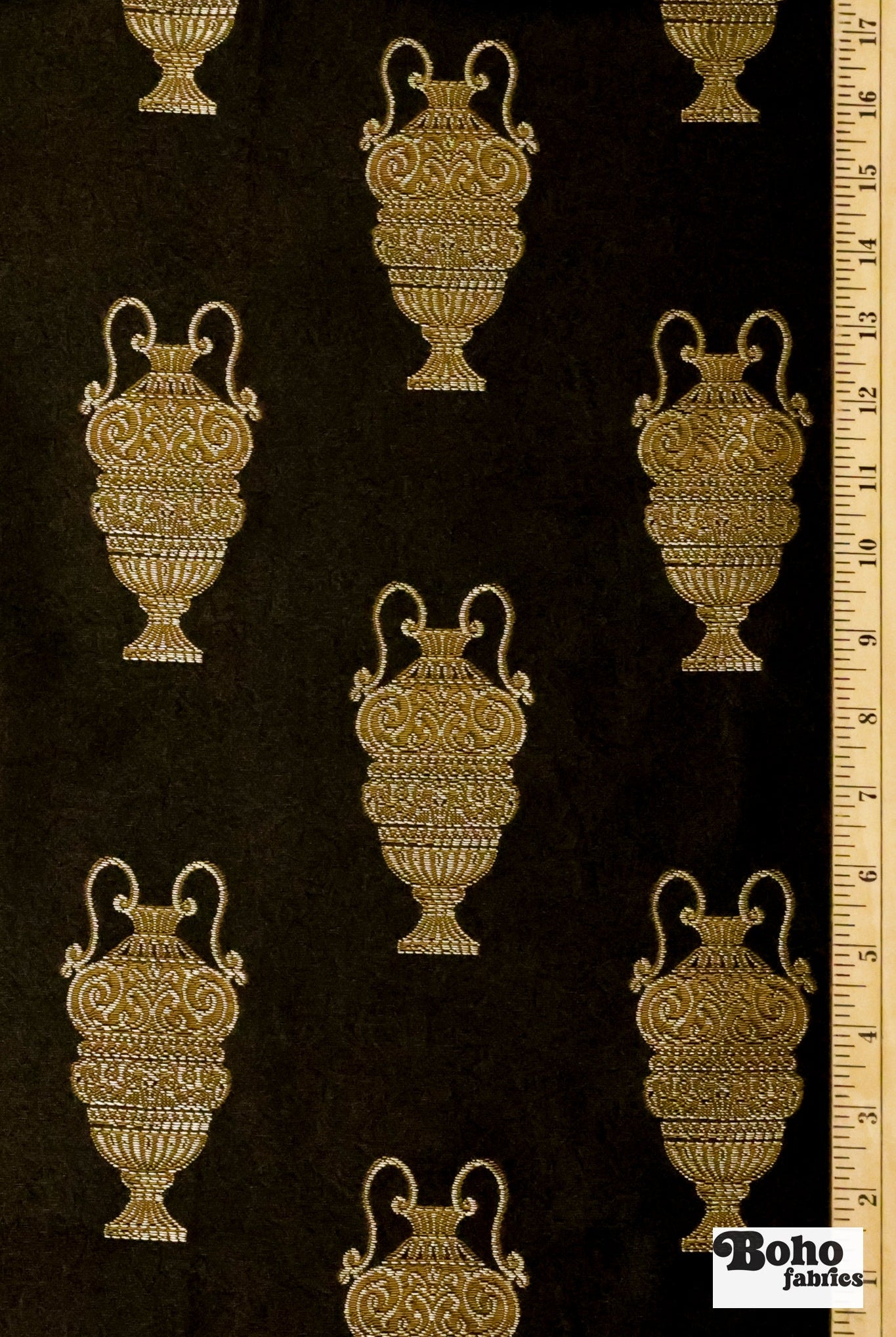Black & Gold Antique Vase Jacquard Woven Fabric - Boho Fabrics - Jacquard, Woven