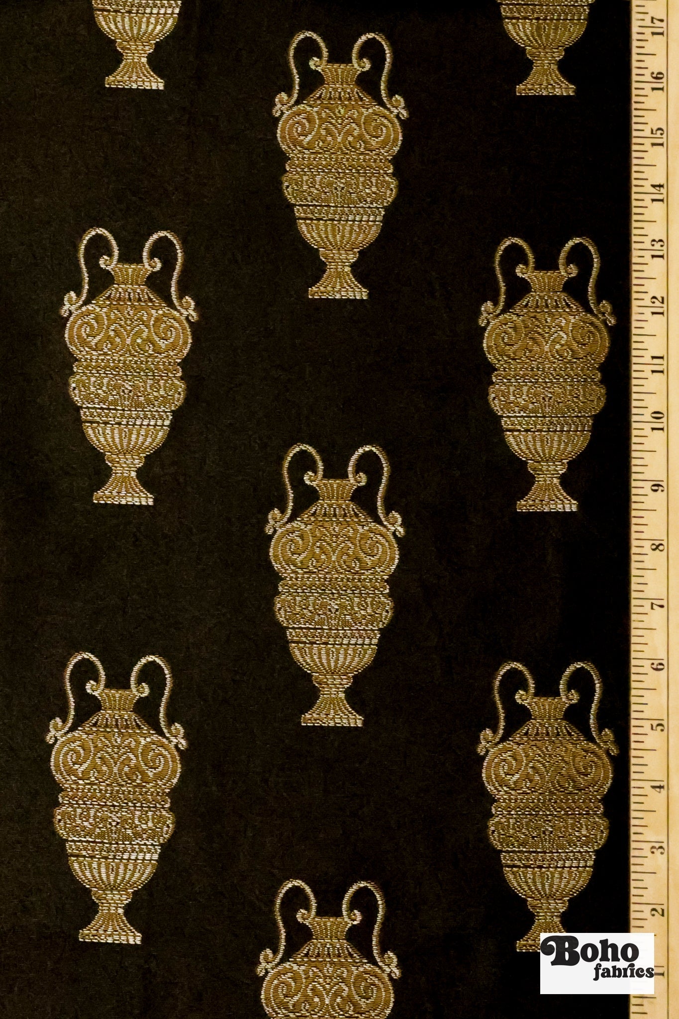 Black & Gold Antique Vase Jacquard Woven Fabric - Boho Fabrics - Jacquard, Woven