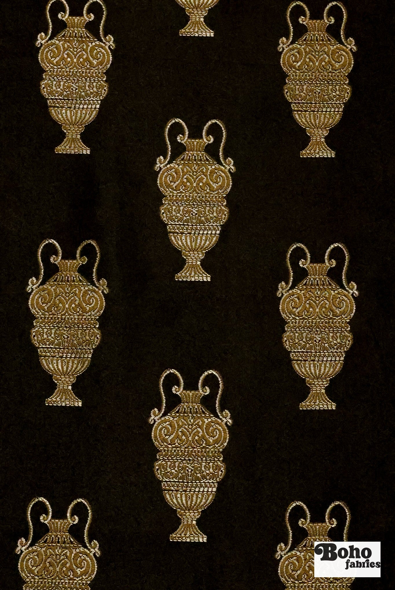 Black & Gold Antique Vase Jacquard Woven Fabric - Boho Fabrics - Jacquard, Woven