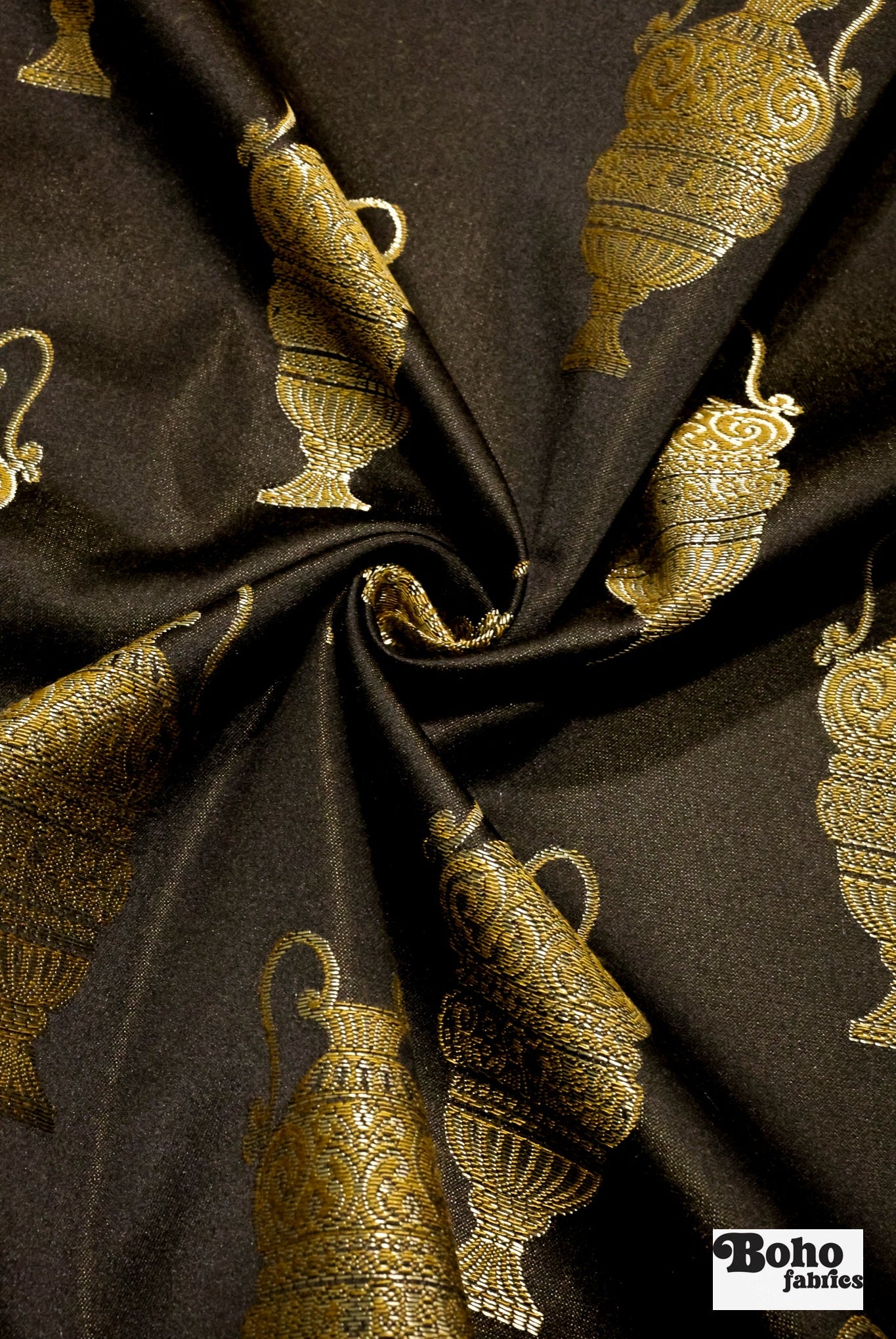 Black & Gold Antique Vase Jacquard Woven Fabric - Boho Fabrics - Jacquard, Woven