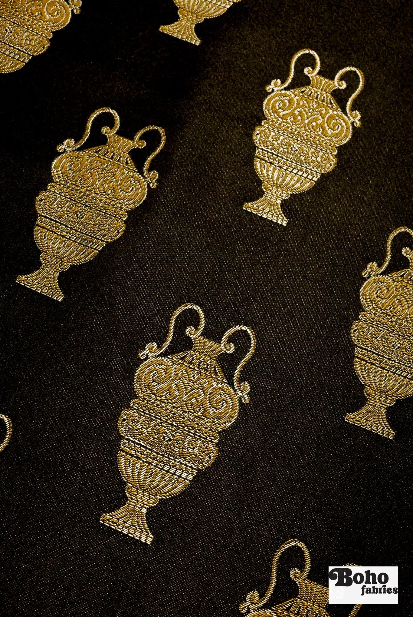 Black & Gold Antique Vase Jacquard Woven Fabric - Boho Fabrics - Jacquard, Woven