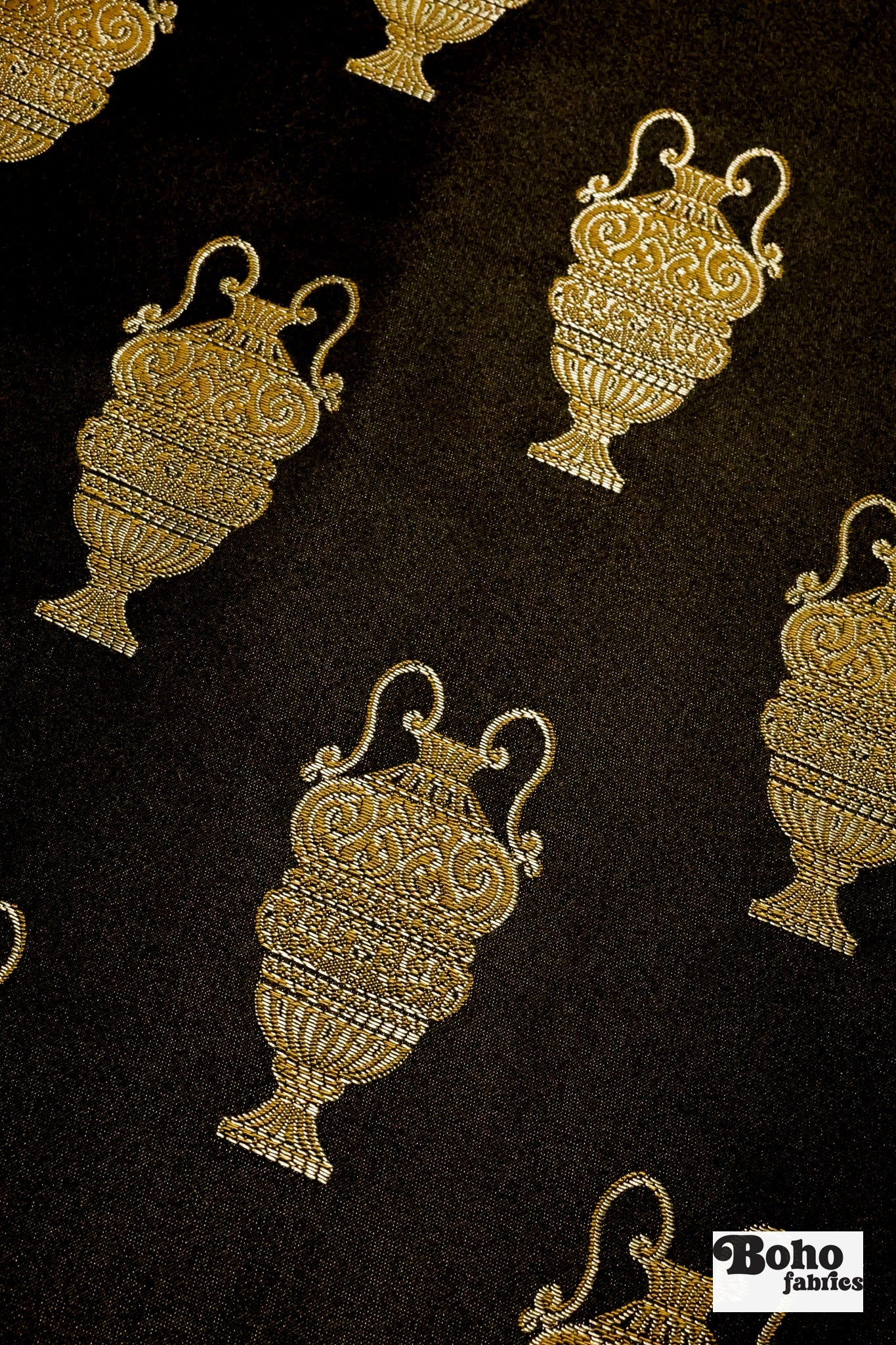 Black & Gold Antique Vase Jacquard Woven Fabric - Boho Fabrics - Jacquard, Woven
