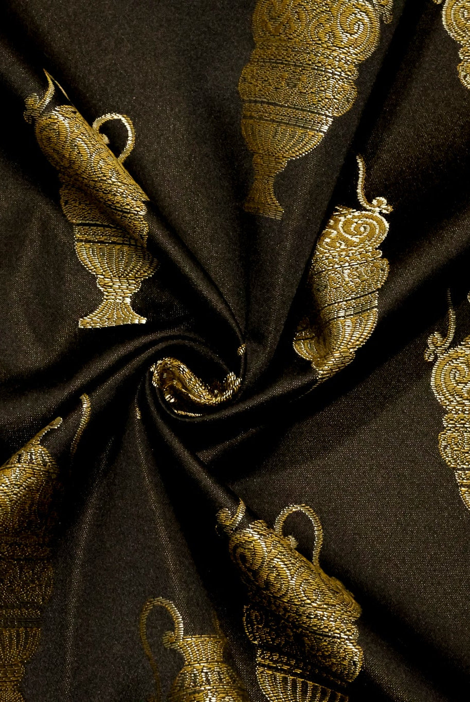 Black & Gold Antique Vase Jacquard Woven Fabric - Boho Fabrics - Jacquard, Woven