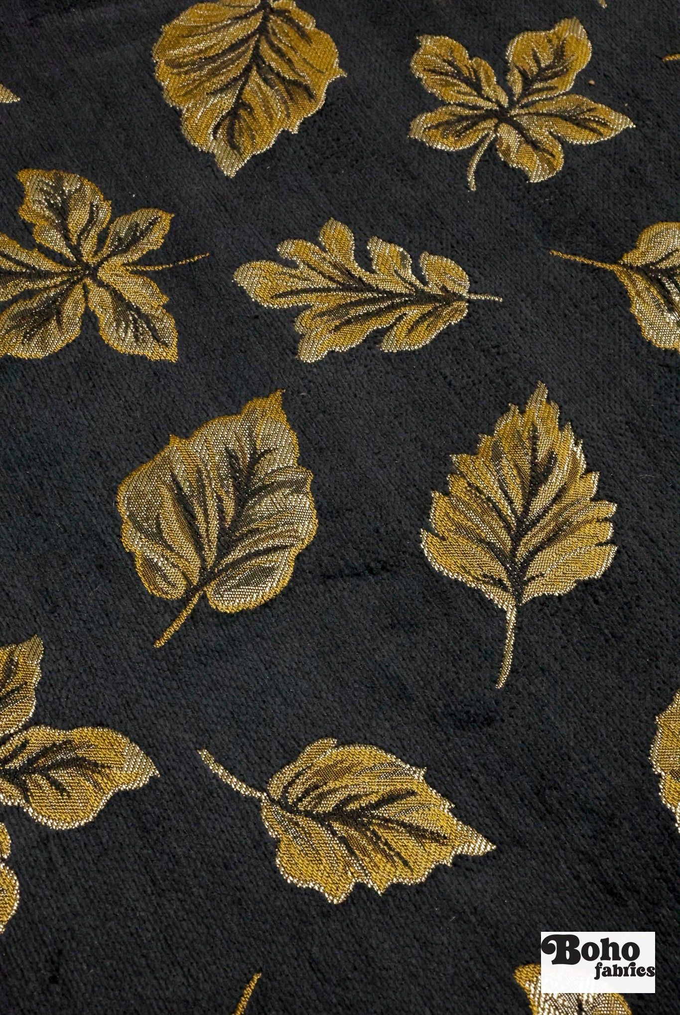 Black & Gold Leaves Jacquard Woven Fabric - Boho Fabrics - Jacquard, Woven