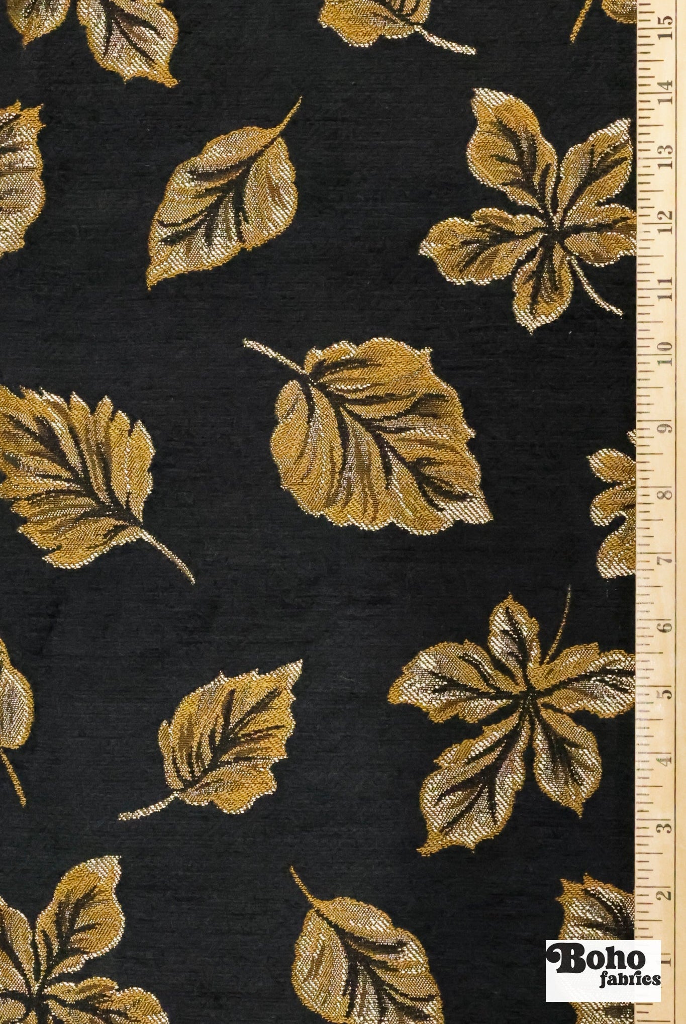 Black & Gold Leaves Jacquard Woven Fabric - Boho Fabrics - Jacquard, Woven