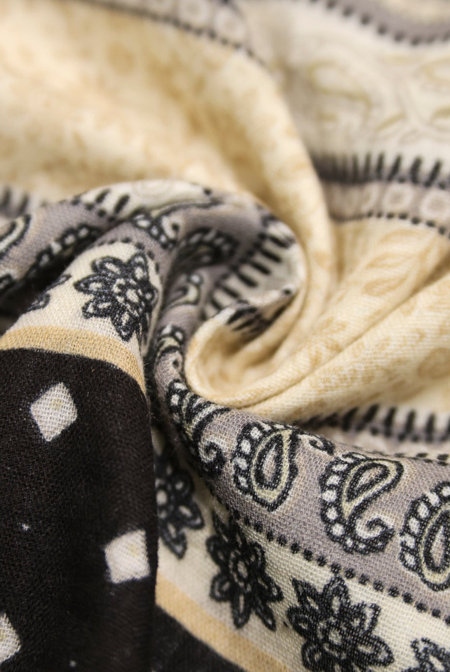 Black, Grey, and Beige Striped Paisley Double Gauze Cotton Woven Fabric - Boho Fabrics - Gauze, Woven