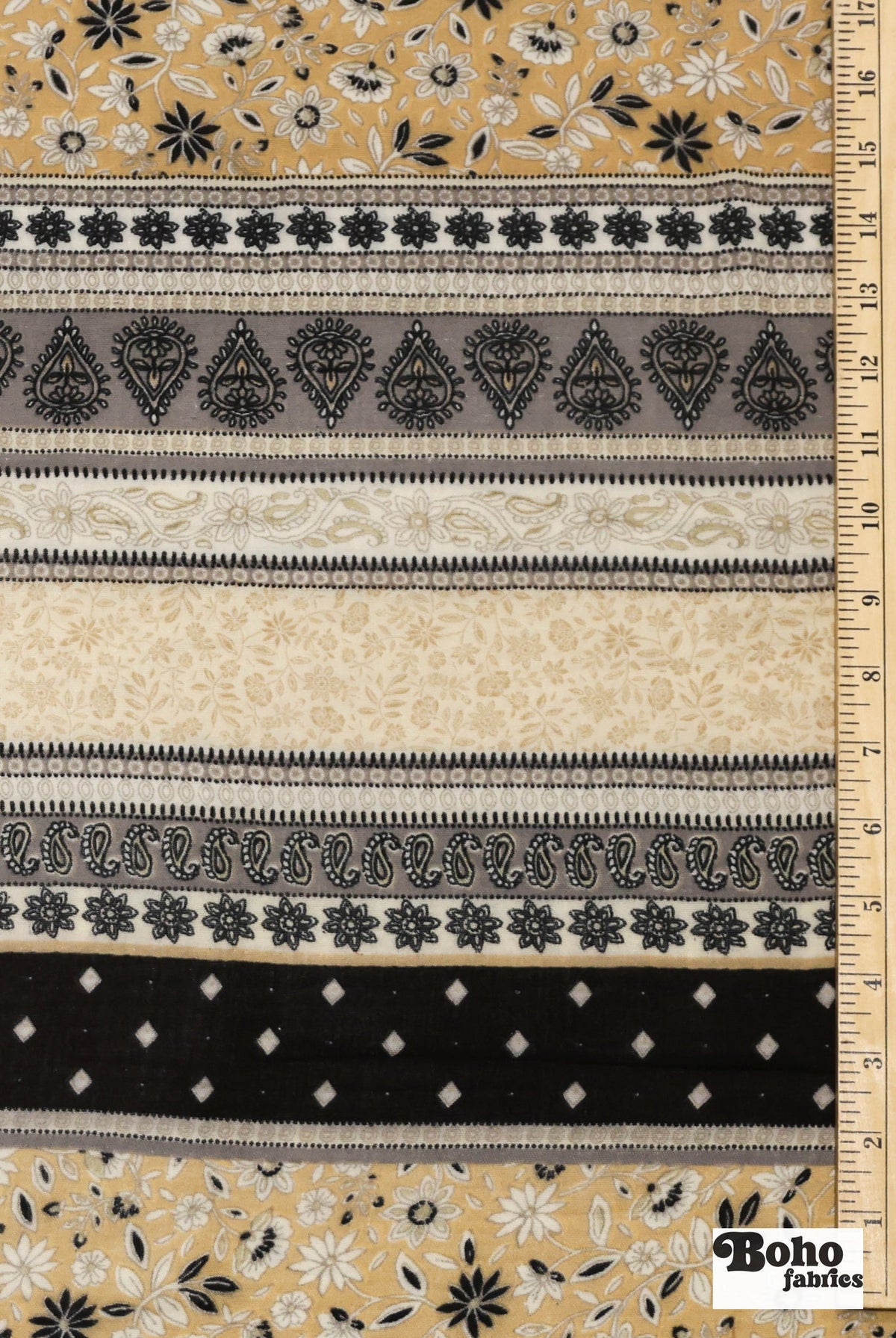 Black, Grey, and Beige Striped Paisley Double Gauze Cotton Woven Fabric - Boho Fabrics - Gauze, Woven