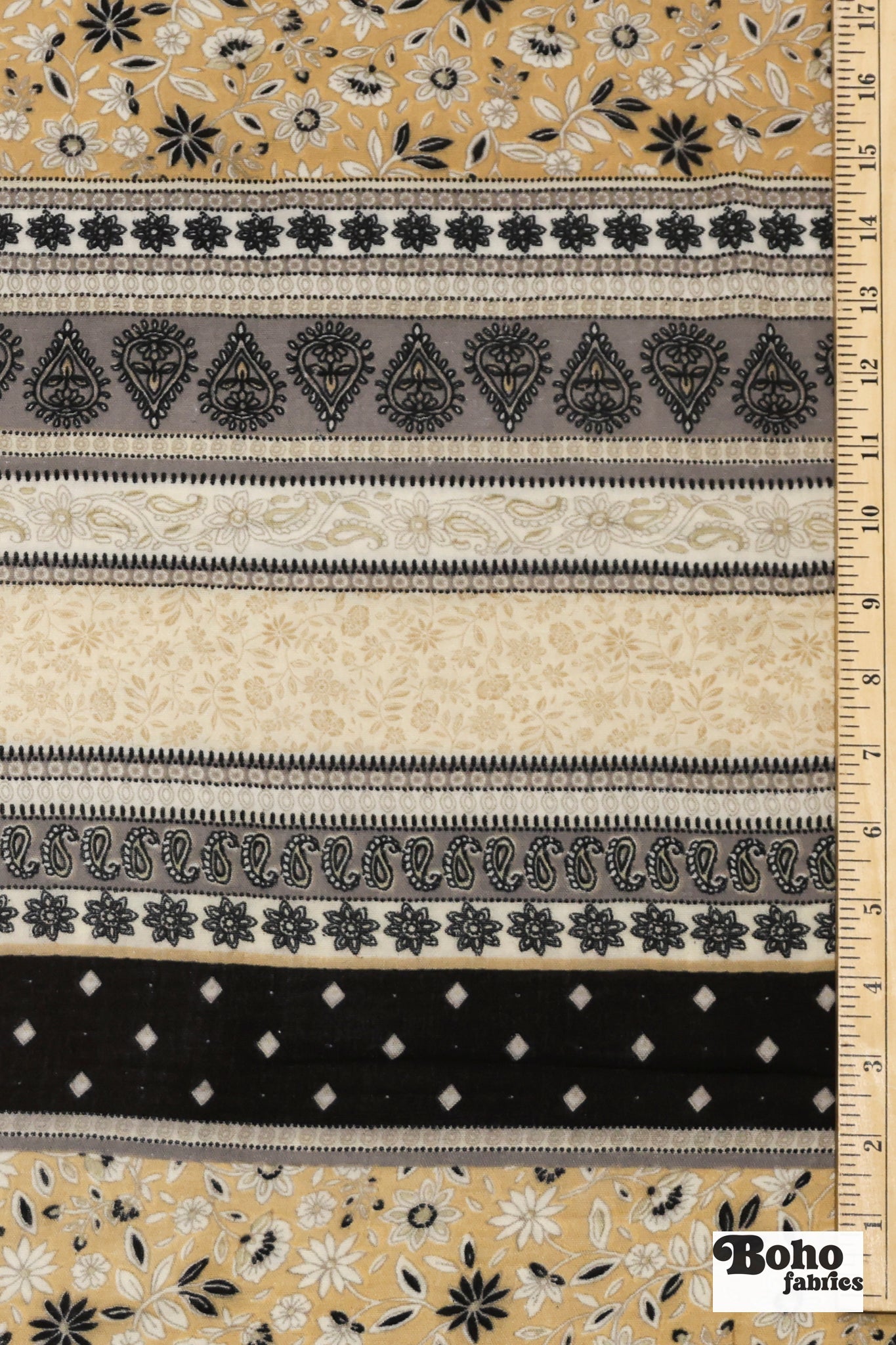 Black, Grey, and Beige Striped Paisley Double Gauze Cotton Woven Fabric - Boho Fabrics - Gauze, Woven