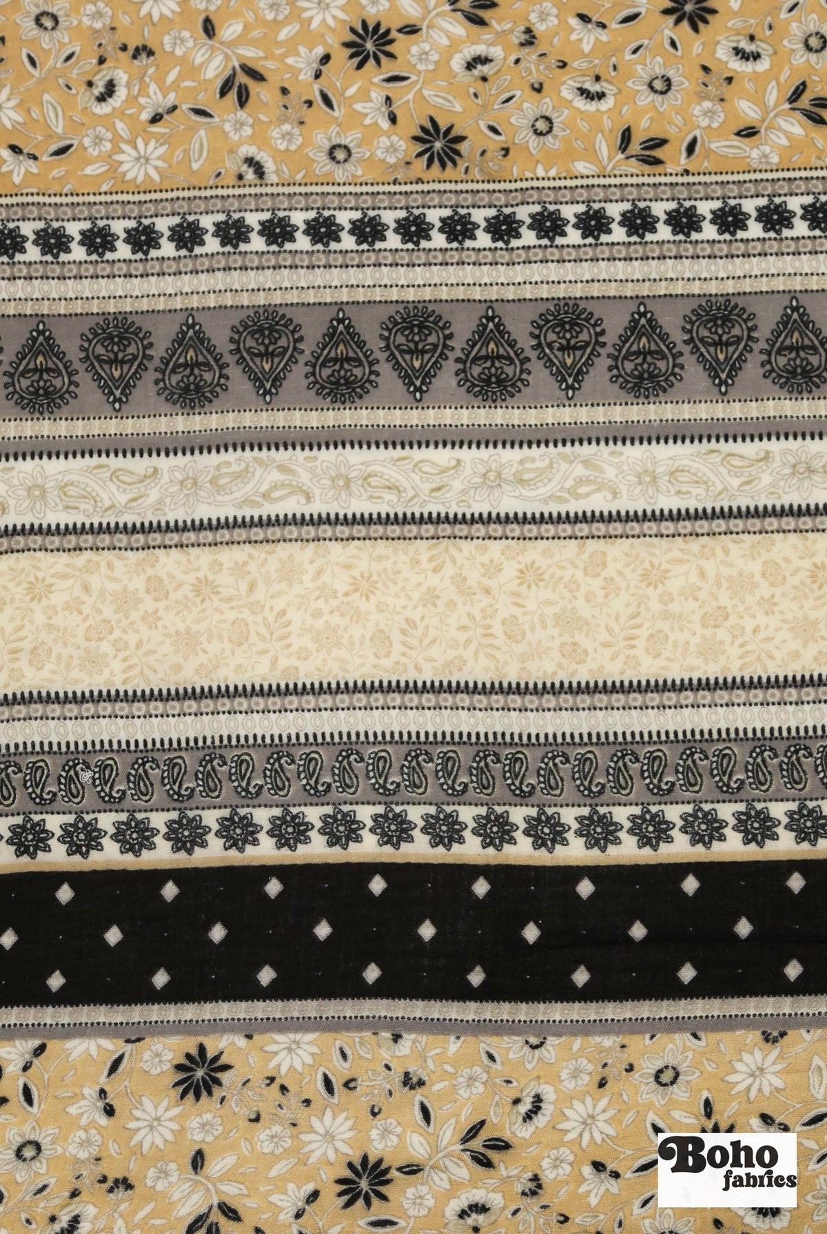 Black, Grey, and Beige Striped Paisley Double Gauze Cotton Woven Fabric - Boho Fabrics - Gauze, Woven