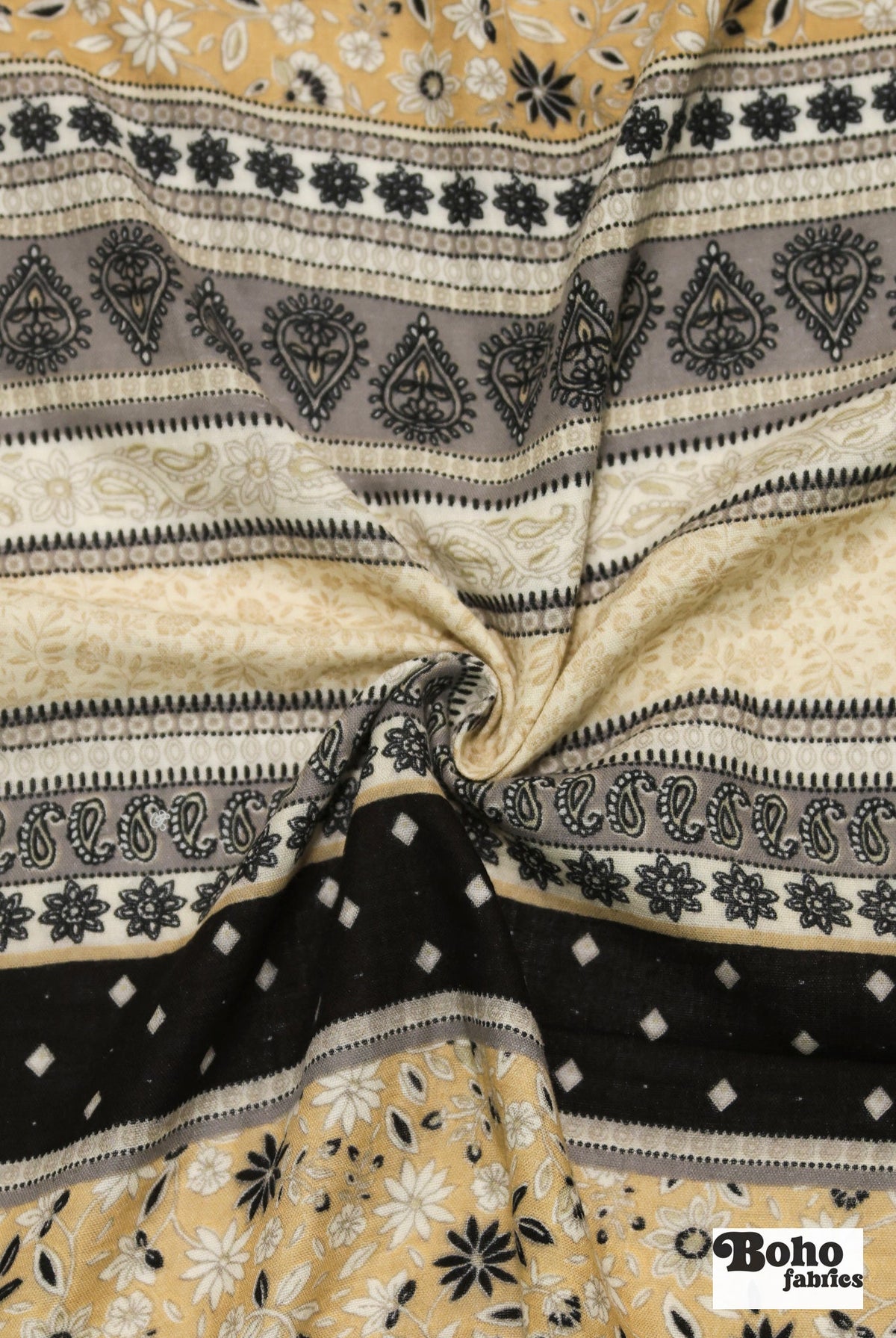 Black, Grey, and Beige Striped Paisley Double Gauze Cotton Woven Fabric - Boho Fabrics - Gauze, Woven
