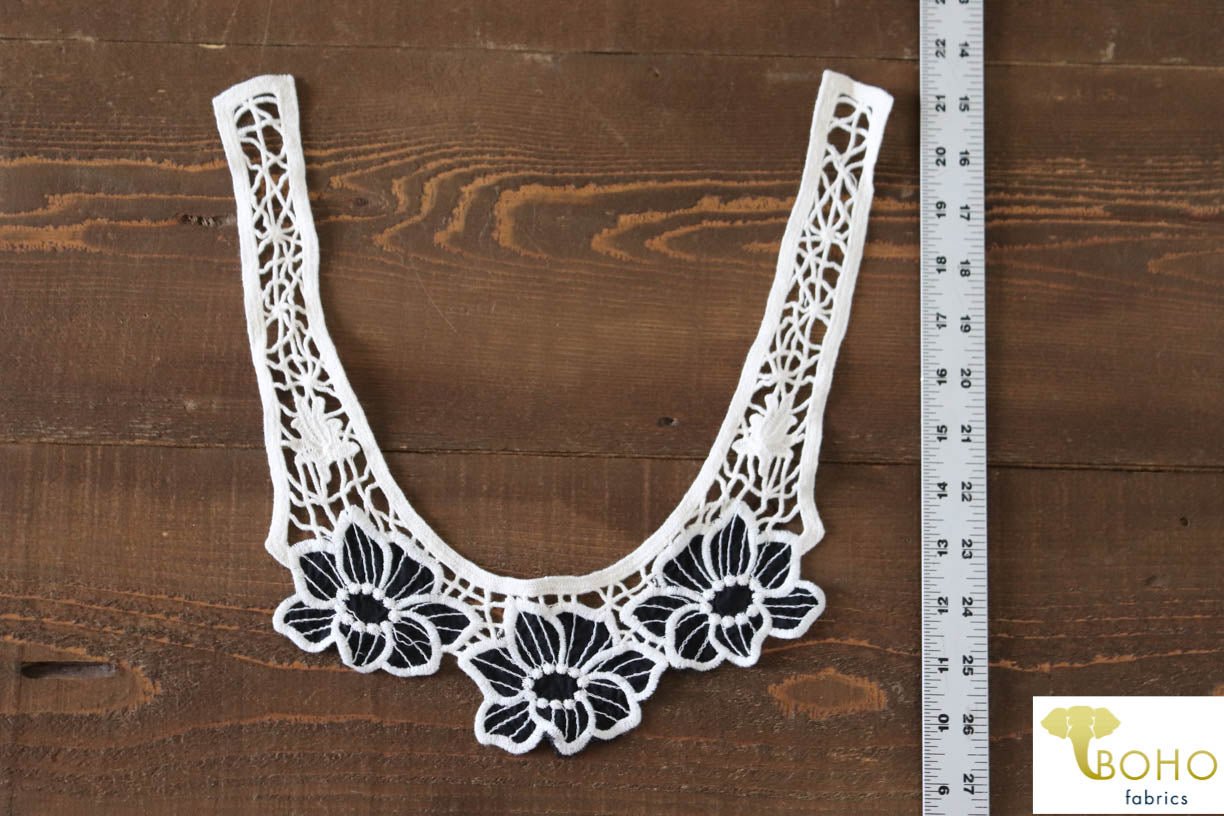 Black & Ivory Floral Applique. Style #FA-18 - Boho Fabrics