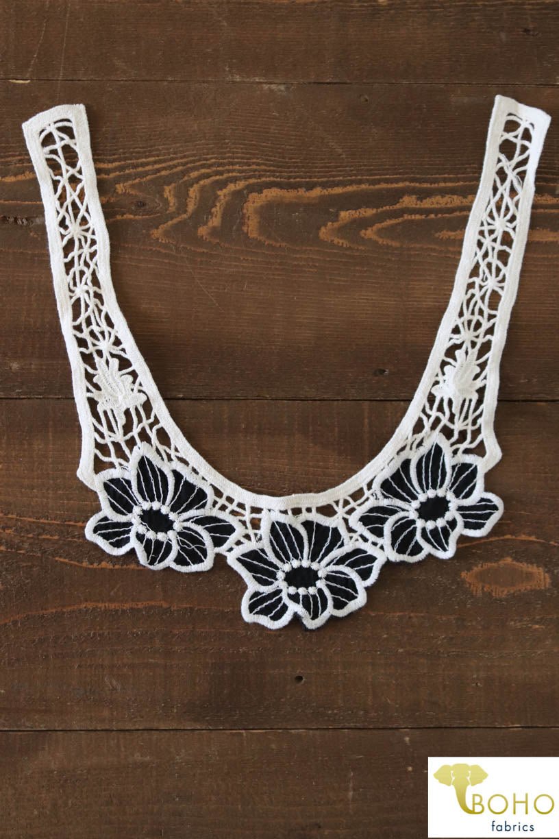 Black & Ivory Floral Applique. Style #FA-18 - Boho Fabrics