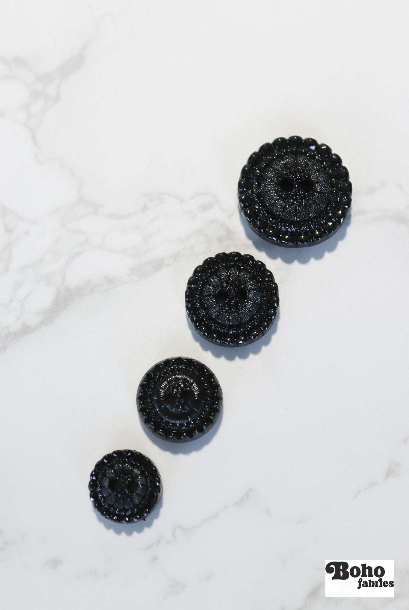 Black Letty Vintage Floral Two Hole Button. Available in 15mm, 18mm, 20mm, 25mm - Boho Fabrics - Buttons & Snaps