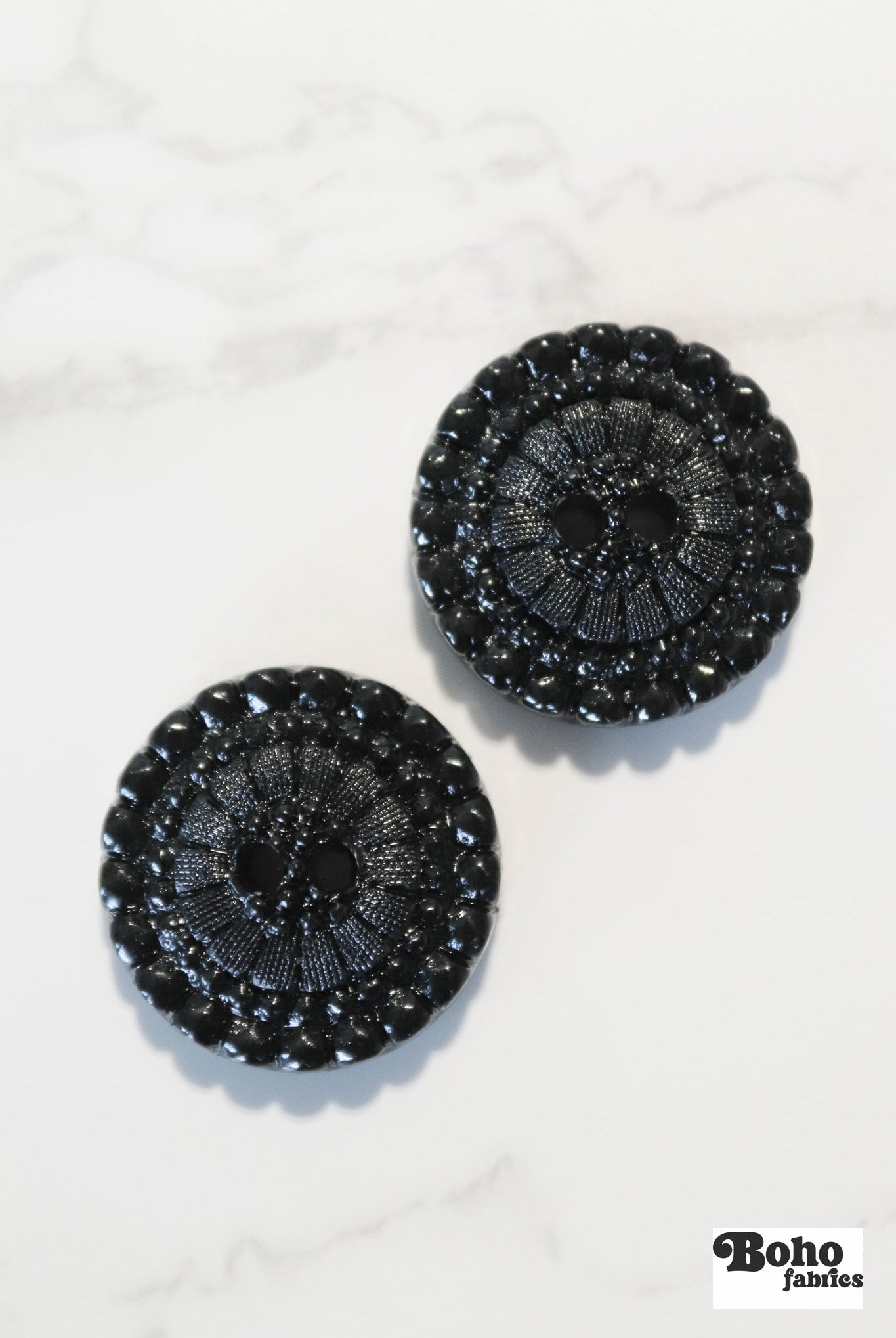 Black Letty Vintage Floral Two Hole Button. Available in 15mm, 18mm, 20mm, 25mm - Boho Fabrics - Buttons & Snaps