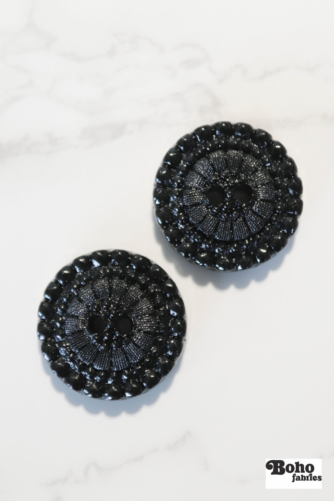 Black Letty Vintage Floral Two Hole Button. Available in 15mm, 18mm, 20mm, 25mm - Boho Fabrics - Buttons & Snaps