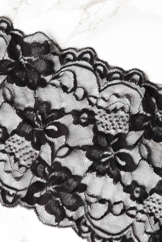 Black Lilies. Floral Stretch Galloon Lace Trim, 6.25" - Boho Fabrics