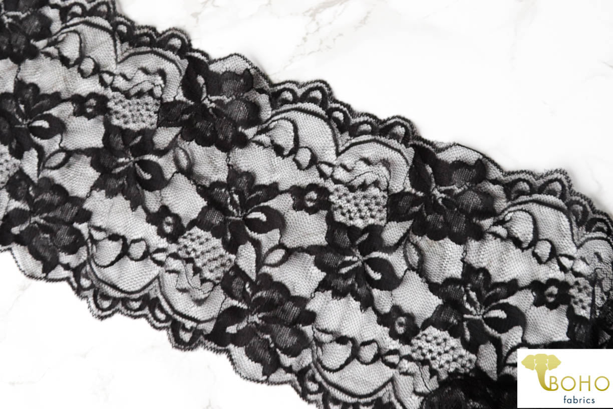 Black Lilies. Floral Stretch Galloon Lace Trim, 6.25" - Boho Fabrics