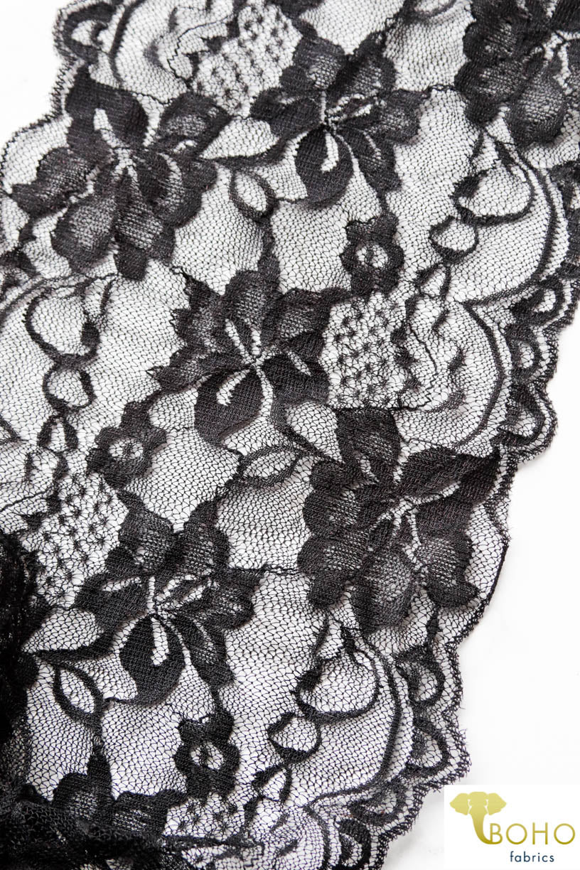 Black Lilies. Floral Stretch Galloon Lace Trim, 6.25" - Boho Fabrics
