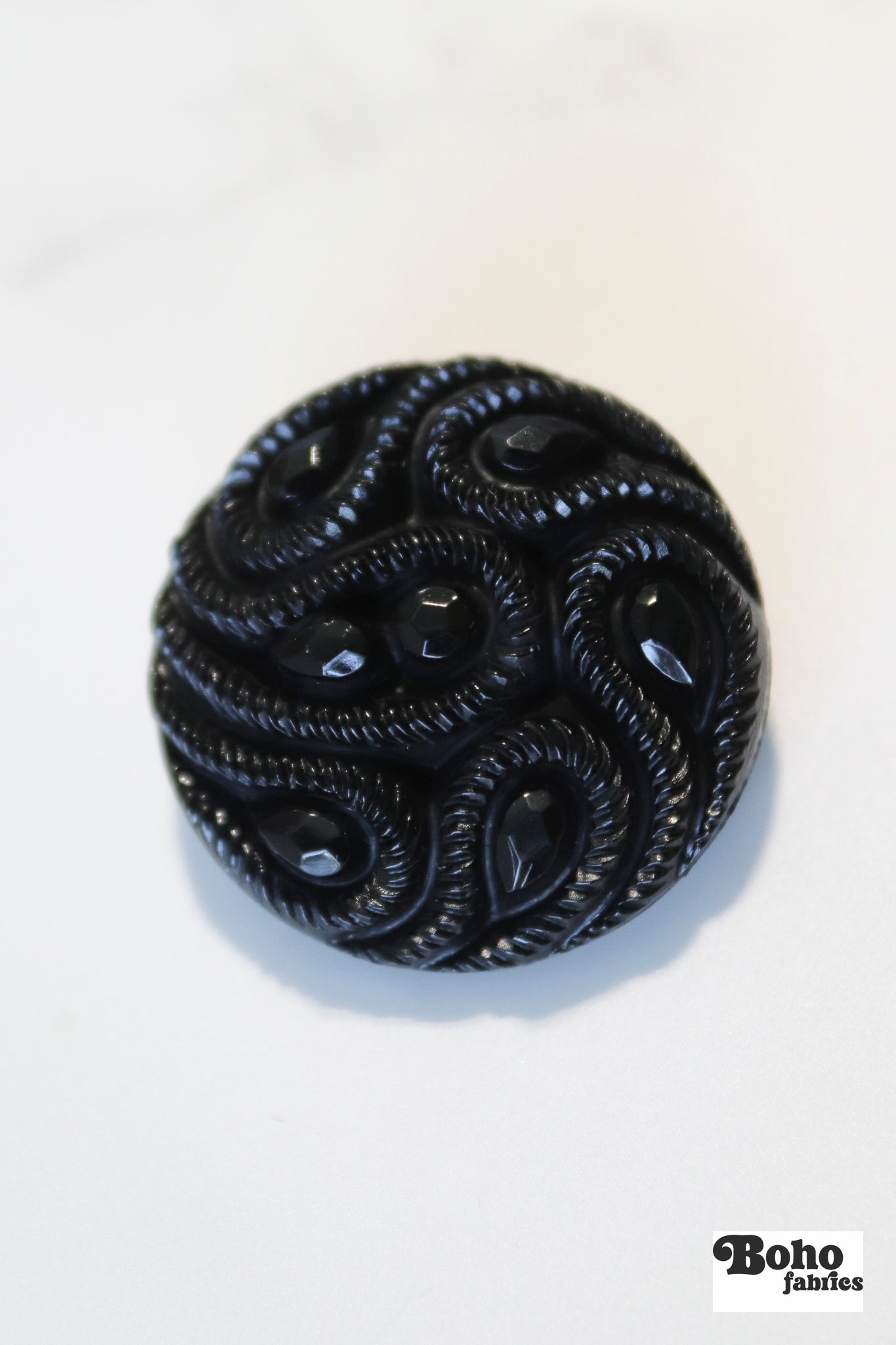 Black Paisley Faceted, Plastic Shank Buttons. Available in 19mm (30L), 23mm (36L) and 28mm (44L) - Boho Fabrics - Buttons & Snaps