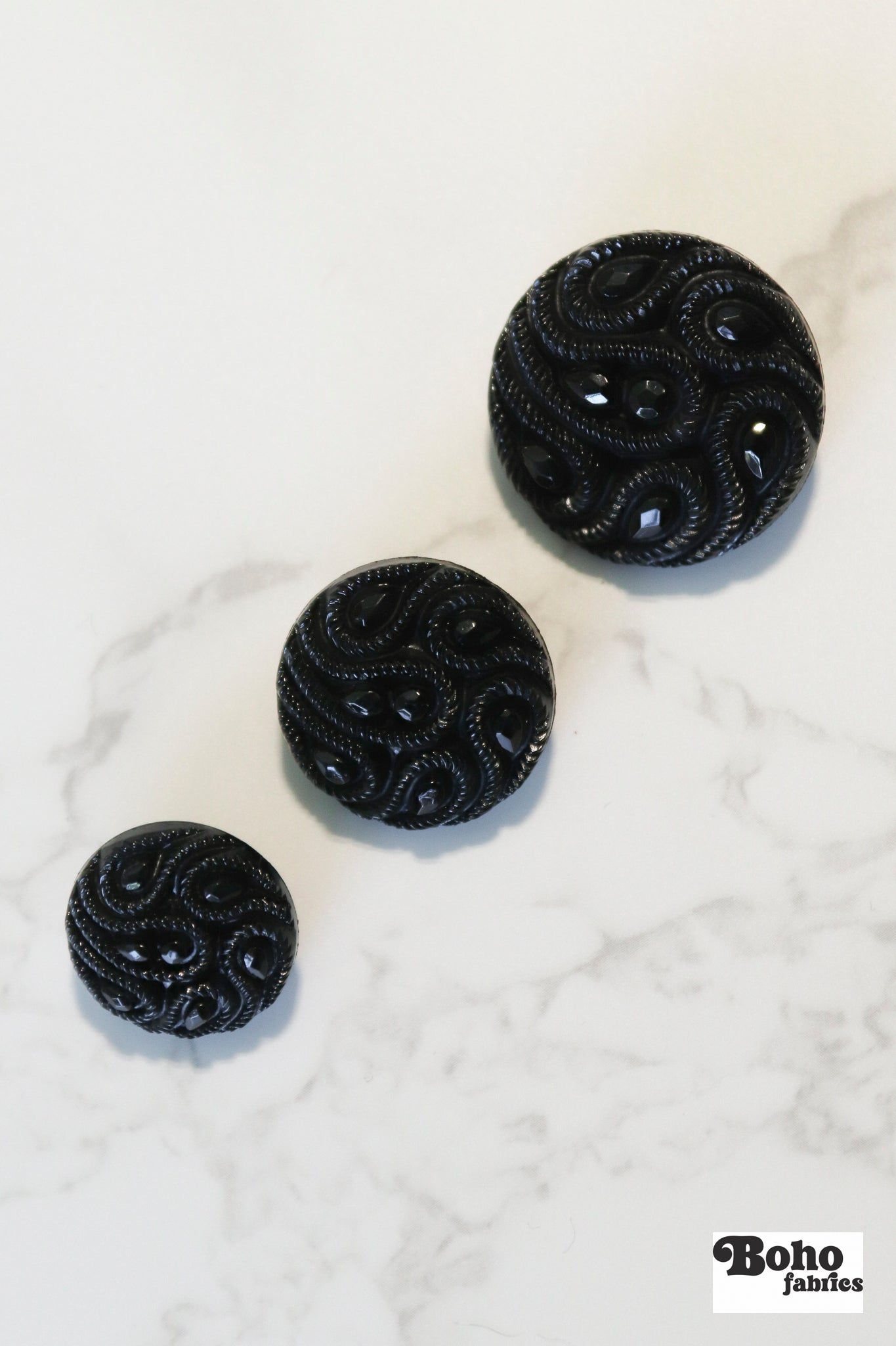 Black Paisley Faceted, Plastic Shank Buttons. Available in 19mm (30L), 23mm (36L) and 28mm (44L) - Boho Fabrics - Buttons & Snaps