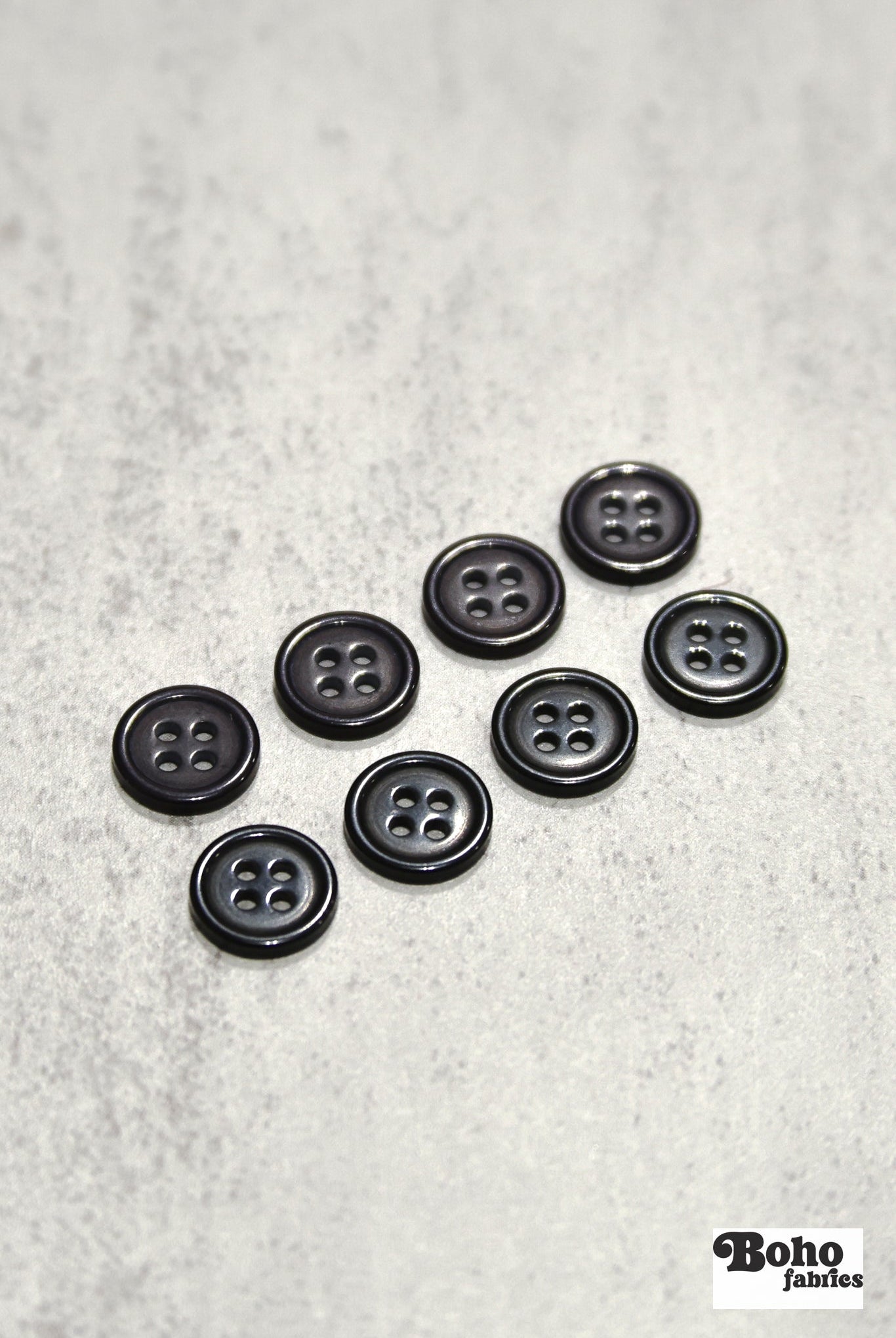 Black, Purple. Round 4 Hole Bevel Buttons. 18L (11.5mm/ 7/16") Sold per Package of 25 - Boho Fabrics - Buttons & Snaps