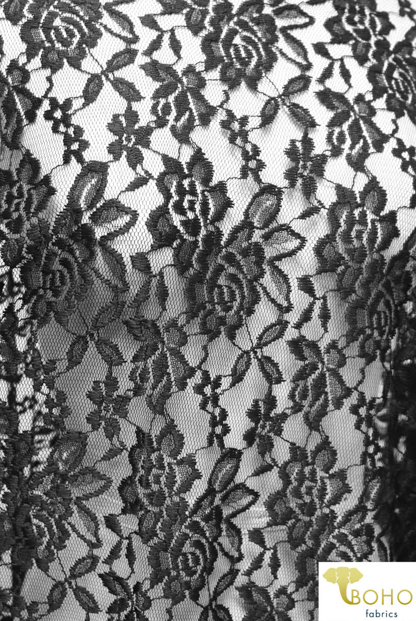 Black Rosebuds. Stretch Lace. SL-102-BLK. - Boho Fabrics