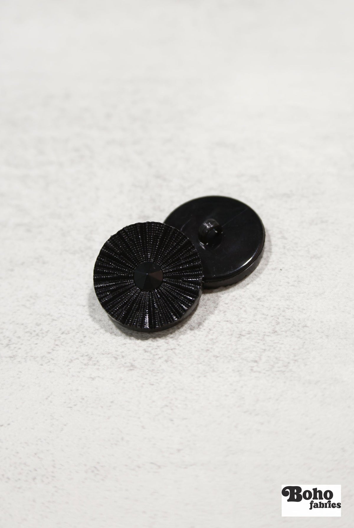 Black Round Ridged Sunburst Shank Buttons. 26L (16mm/ 3/4"), 28L, (18mm/ 11/16"), 34L (21mm / 13/16"), 36L (23mm, 7/8"), 42L (26mm/ 1") (Copy) (Copy) - Boho Fabrics - Buttons & Snaps