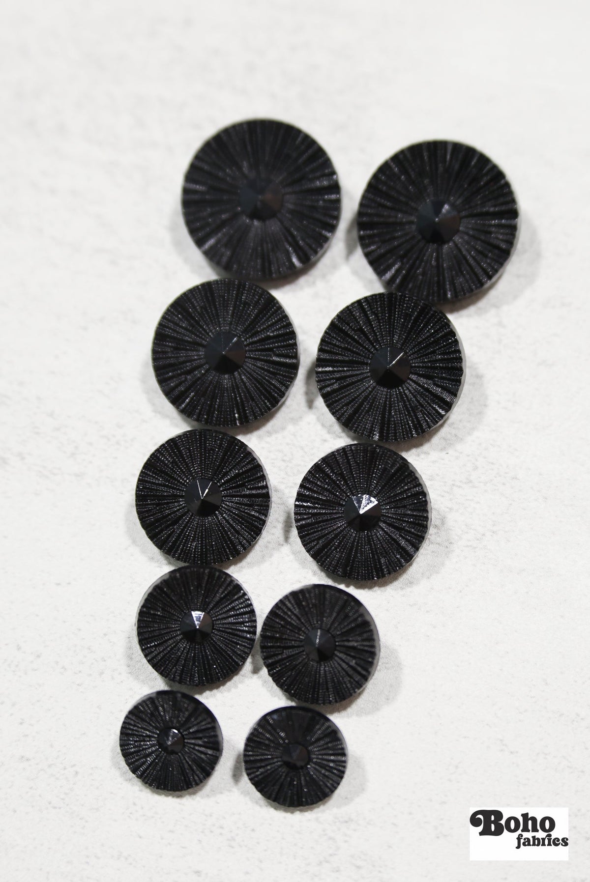 Black Round Ridged Sunburst Shank Buttons. 26L (16mm/ 3/4"), 28L, (18mm/ 11/16"), 34L (21mm / 13/16"), 36L (23mm, 7/8"), 42L (26mm/ 1") (Copy) (Copy) - Boho Fabrics - Buttons & Snaps