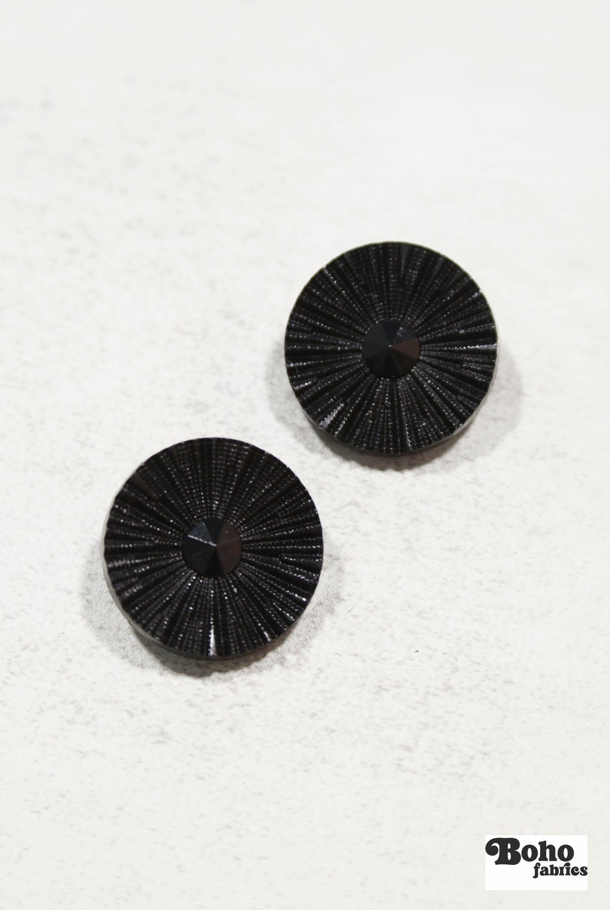 Black Round Ridged Sunburst Shank Buttons. 26L (16mm/ 3/4"), 28L, (18mm/ 11/16"), 34L (21mm / 13/16"), 36L (23mm, 7/8"), 42L (26mm/ 1") (Copy) (Copy) - Boho Fabrics - Buttons & Snaps