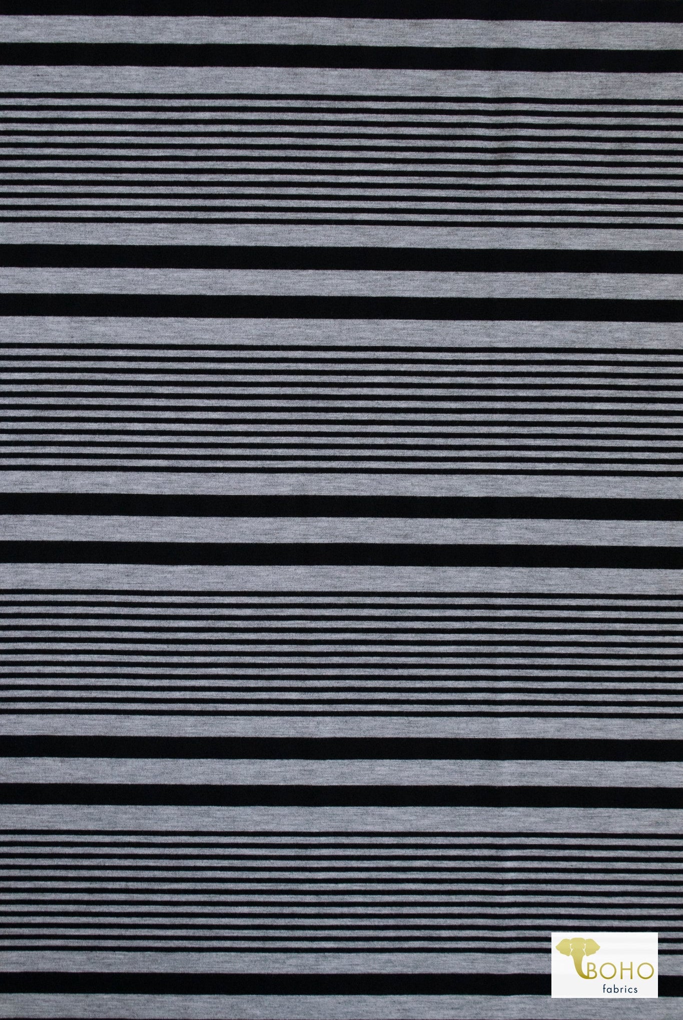 Black Varigated Stripes on Gray, Jersey Knit - Boho Fabrics - Jersey Knit Printed Fabric