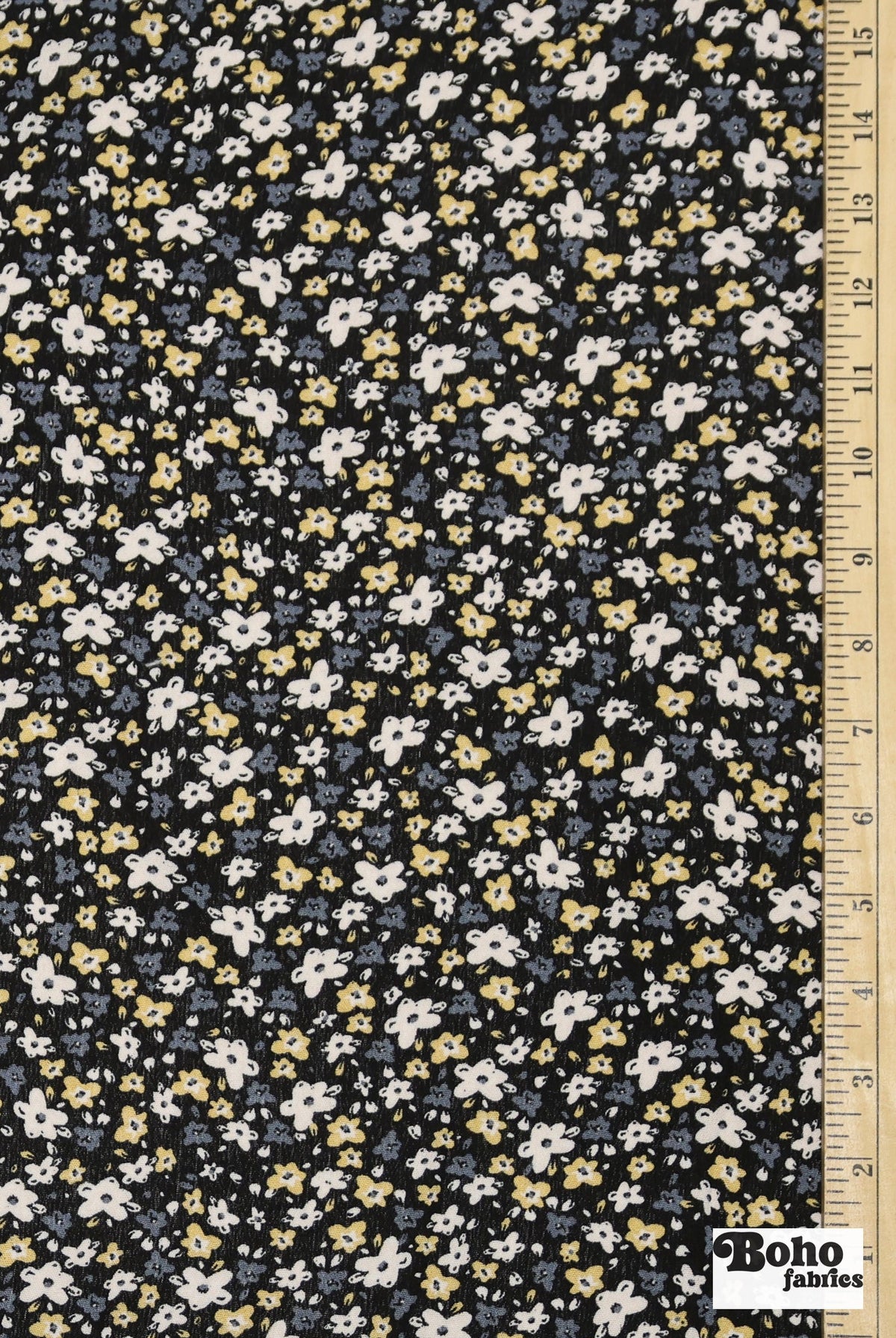 Black with Tiny White Blue and Yellow Ditsy Florals Rayon Crepe Woven Fabric - Boho Fabrics - Crepe, Woven