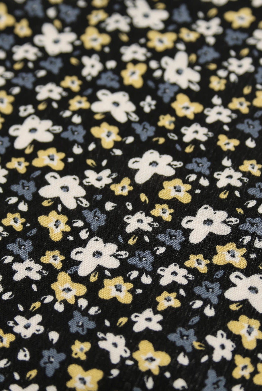 Black with Tiny White Blue and Yellow Ditsy Florals Rayon Crepe Woven Fabric - Boho Fabrics - Crepe, Woven