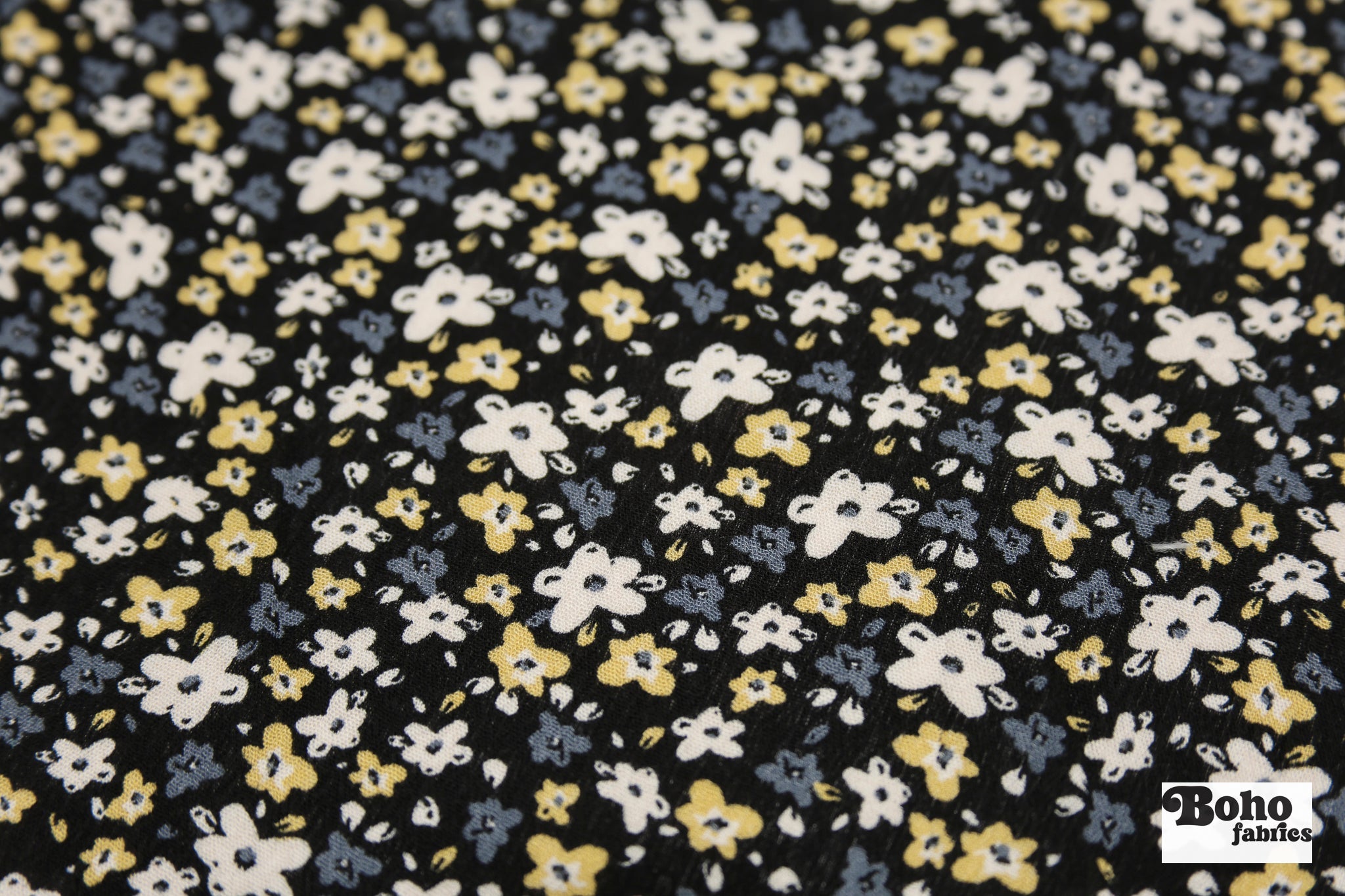 Black with Tiny White Blue and Yellow Ditsy Florals Rayon Crepe Woven Fabric - Boho Fabrics - Crepe, Woven