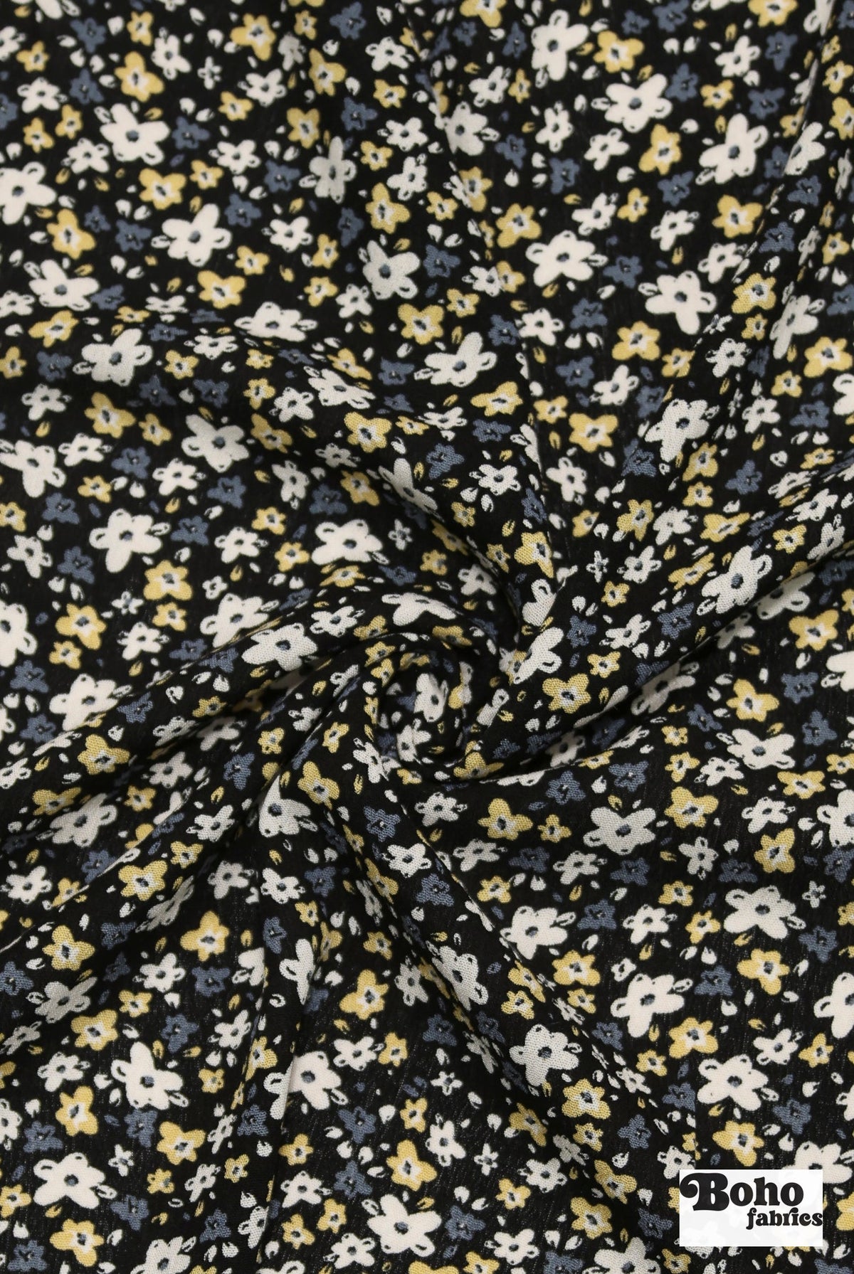 Black with Tiny White Blue and Yellow Ditsy Florals Rayon Crepe Woven Fabric - Boho Fabrics - Crepe, Woven