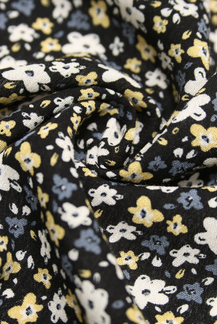Black with Tiny White Blue and Yellow Ditsy Florals Rayon Crepe Woven Fabric - Boho Fabrics - Crepe, Woven